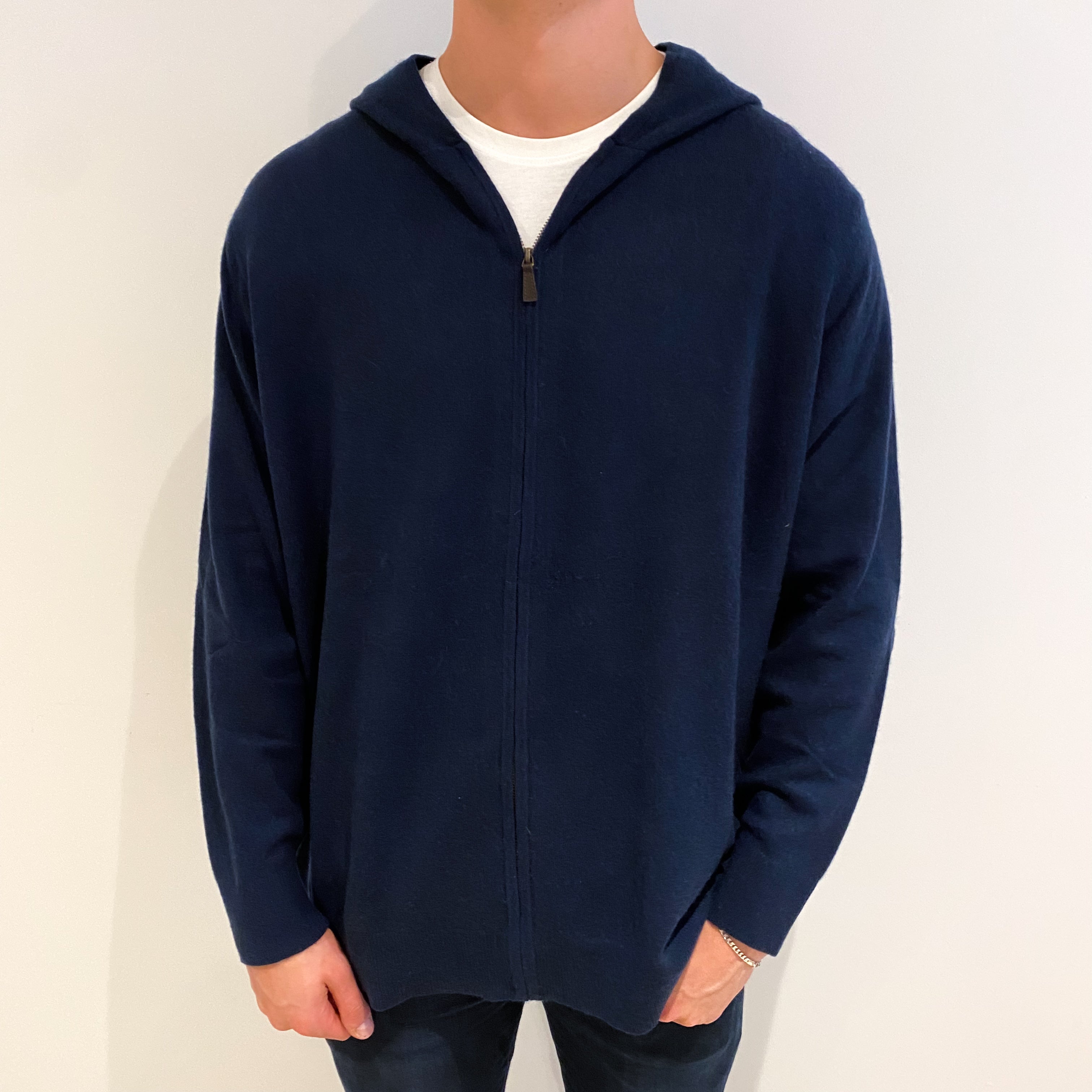 Men's Navy Blue Cashmere Zip Up Hoodie Jumper XXXL