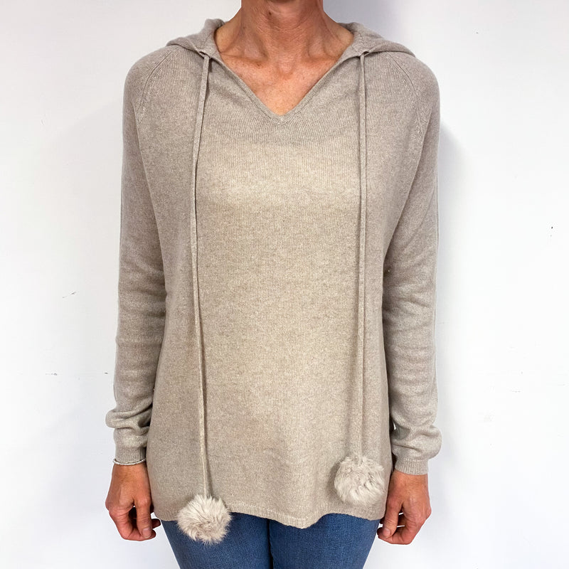 Fawn Beige Cashmere Pom Pom Hoodie Jumper Medium