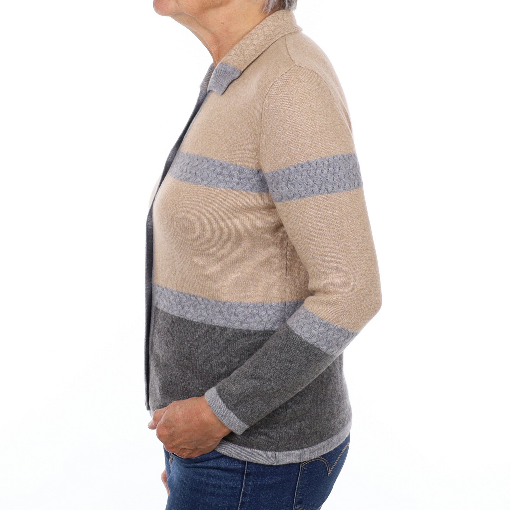 Caramel and Grey Striped Cashmere Collared Neck Cardigan Medium