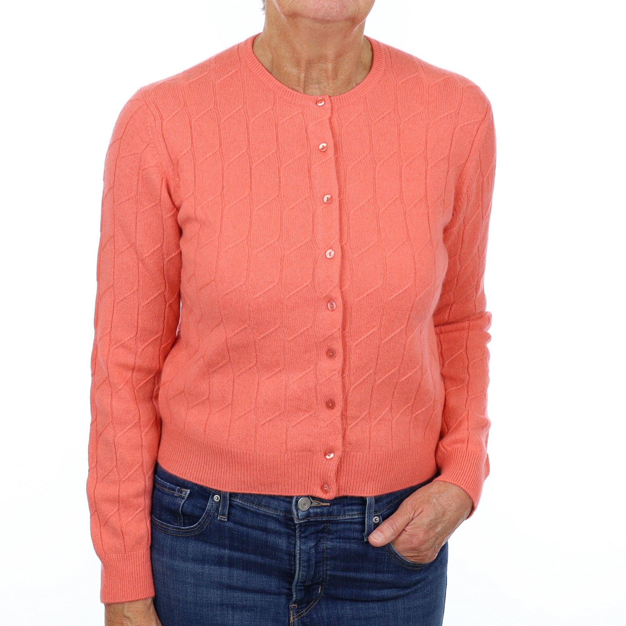 Coral Pink Cashmere Crew Neck Cardigan Medium