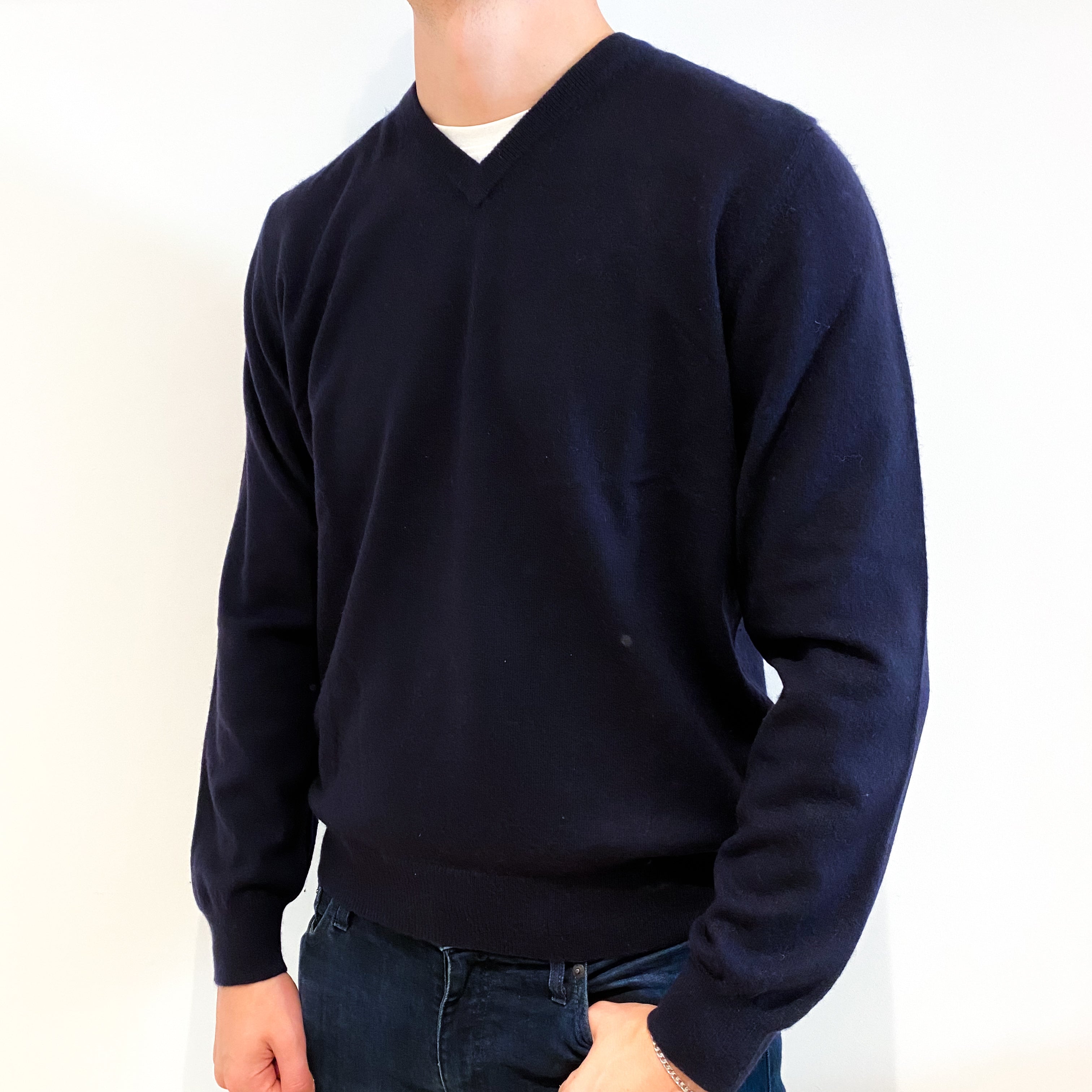 Men's Navy Blue Cashmere V-Neck Jumper Extra Large