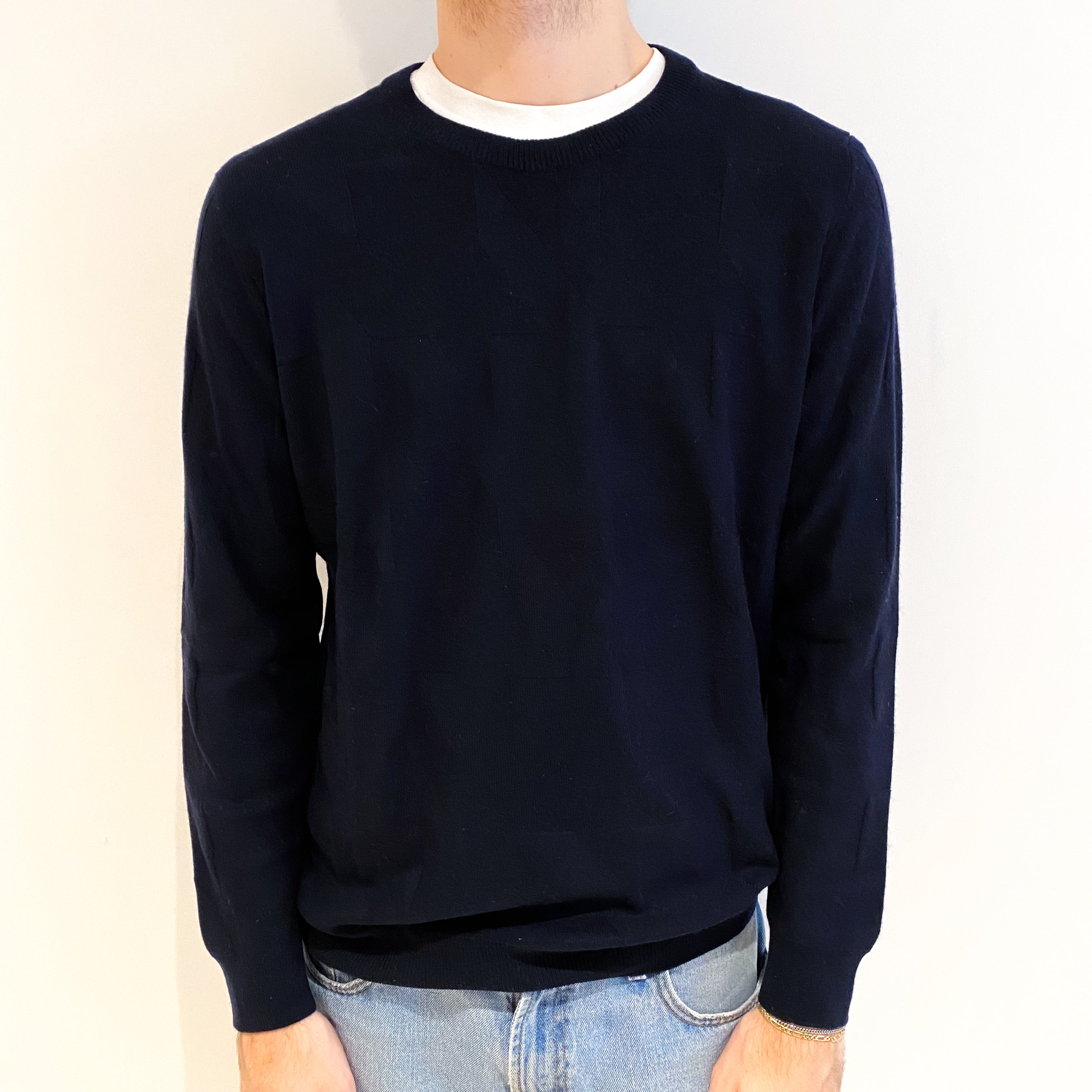 Men's Dark Navy Dog Tooth Texture Cashmere Crew Neck Jumper Large