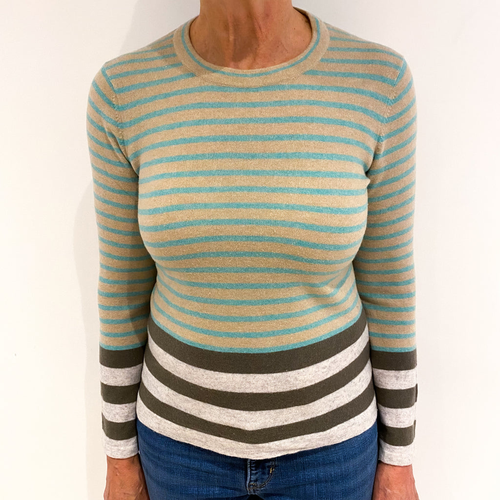 Brown and Green Striped Cashmere Crew Neck Jumper Medium