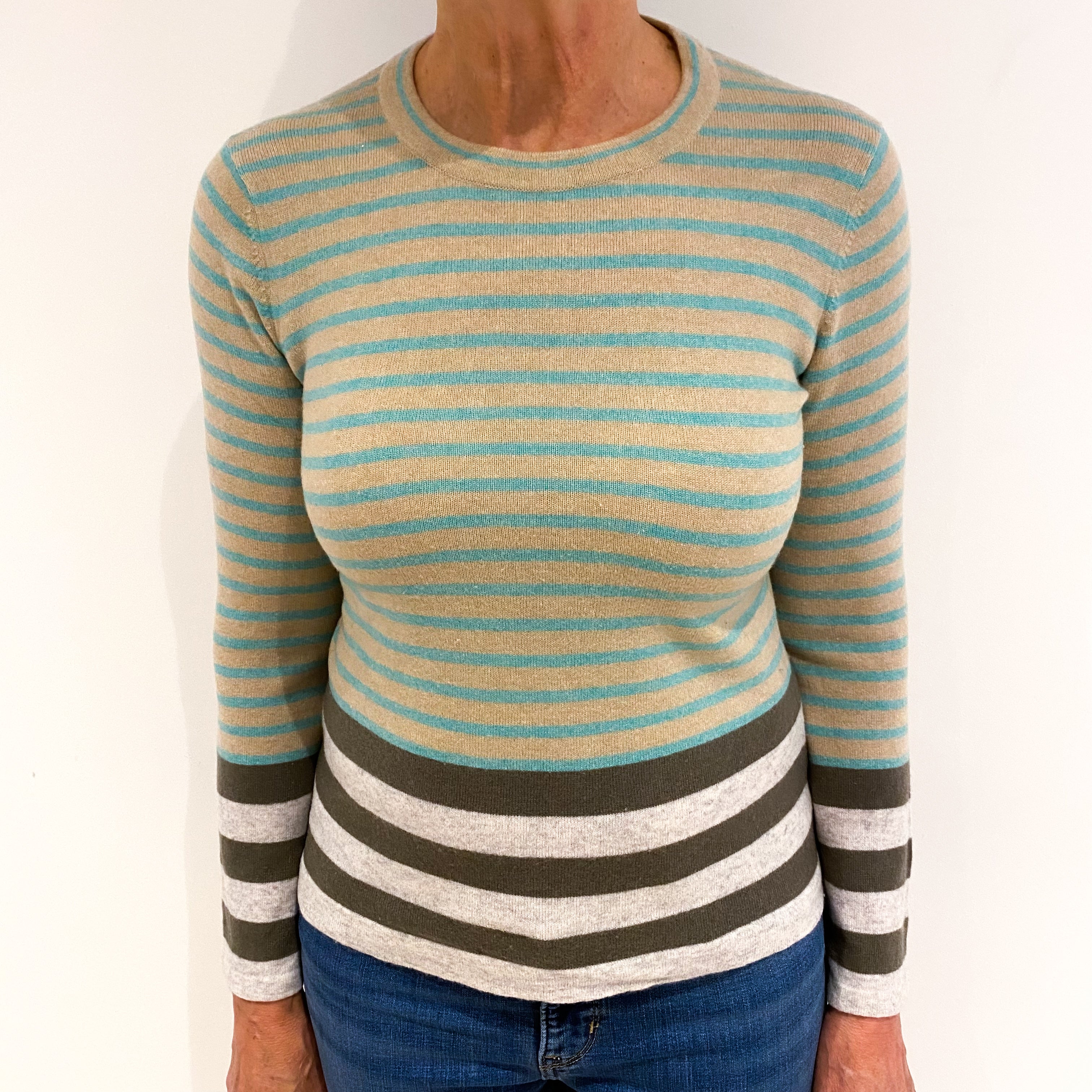 Brown and Green Striped Cashmere Crew Neck Jumper Medium