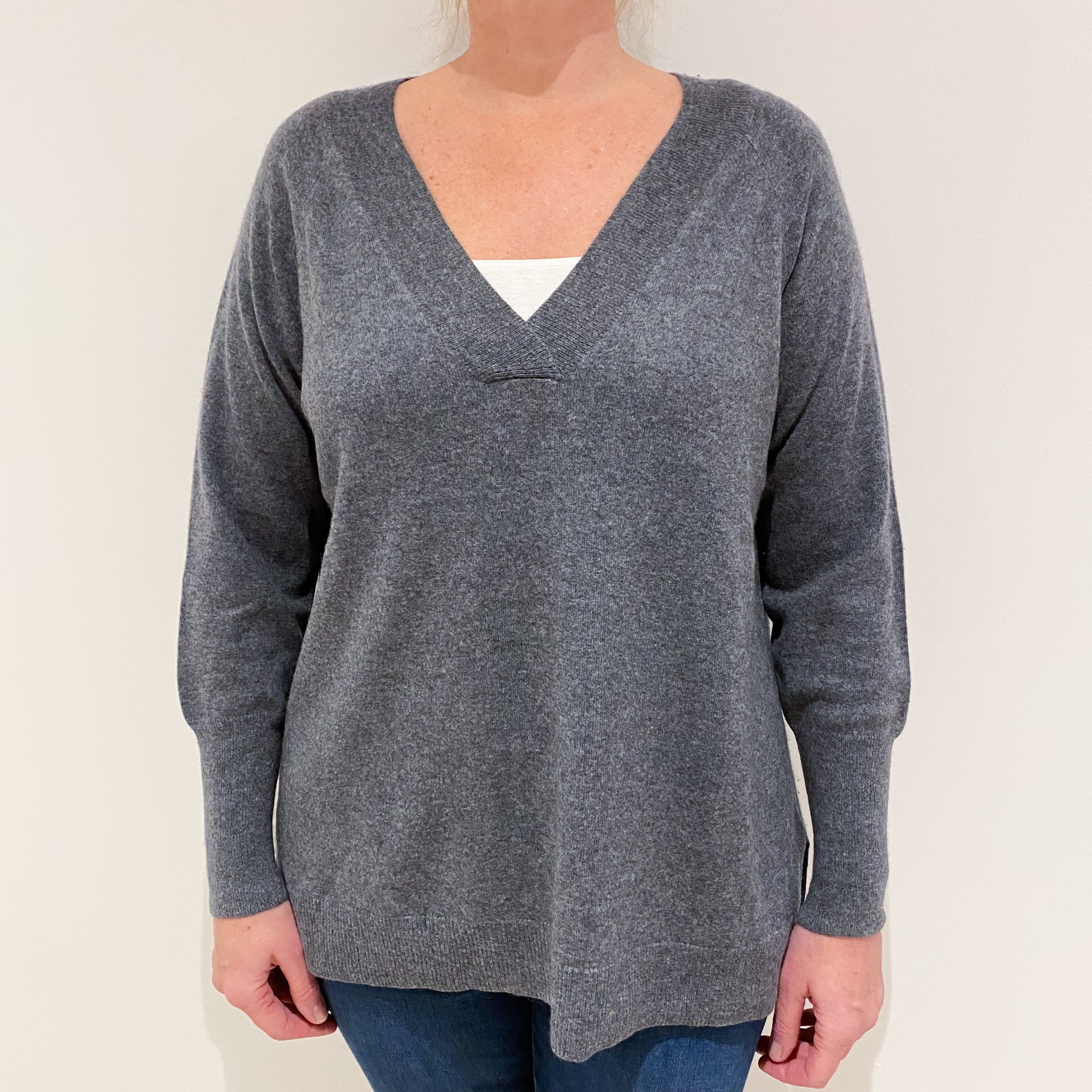 Slate Grey Slouchy Cashmere V-Neck Jumper Large