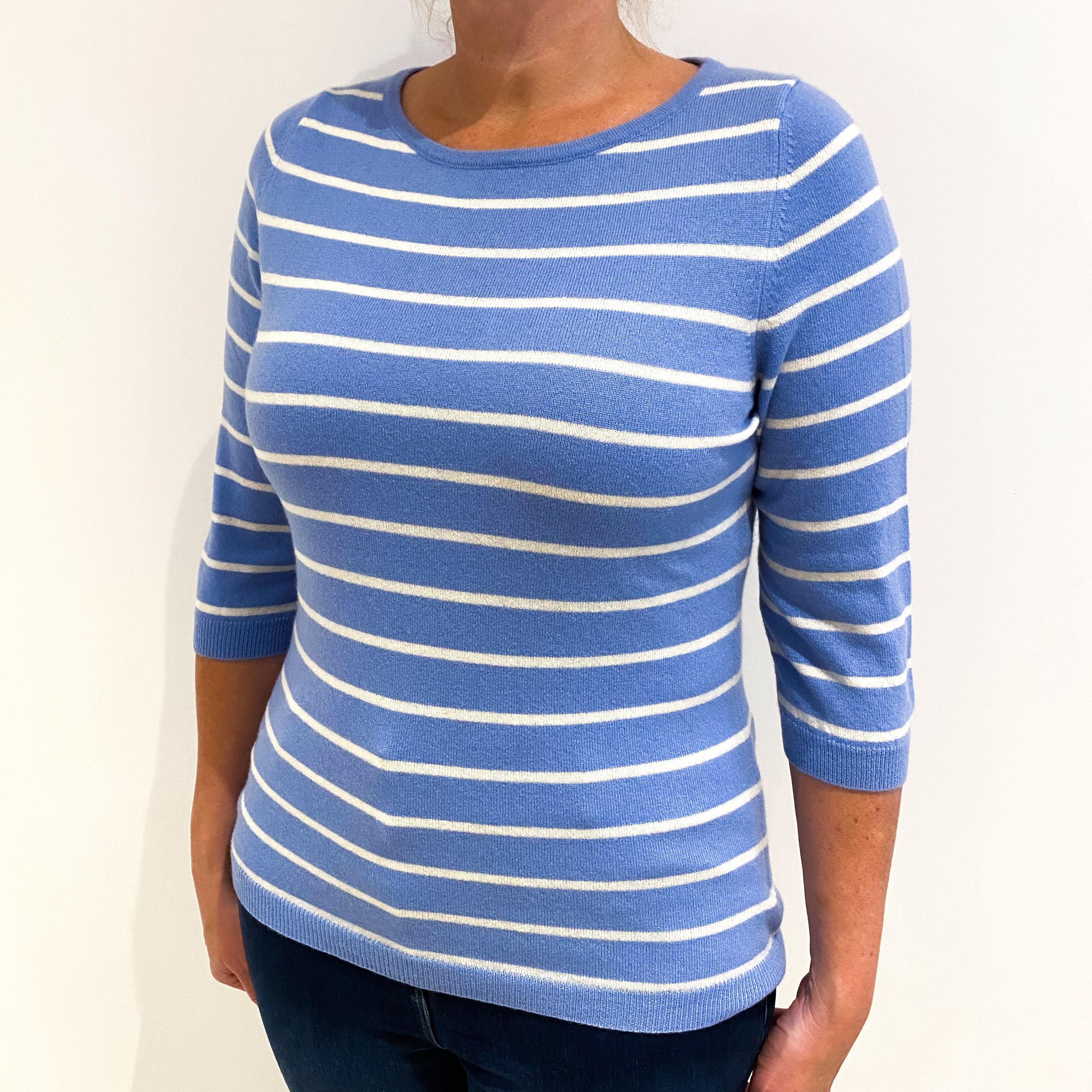 Sky Blue Cream Striped Cashmere Crew Neck Jumper Large