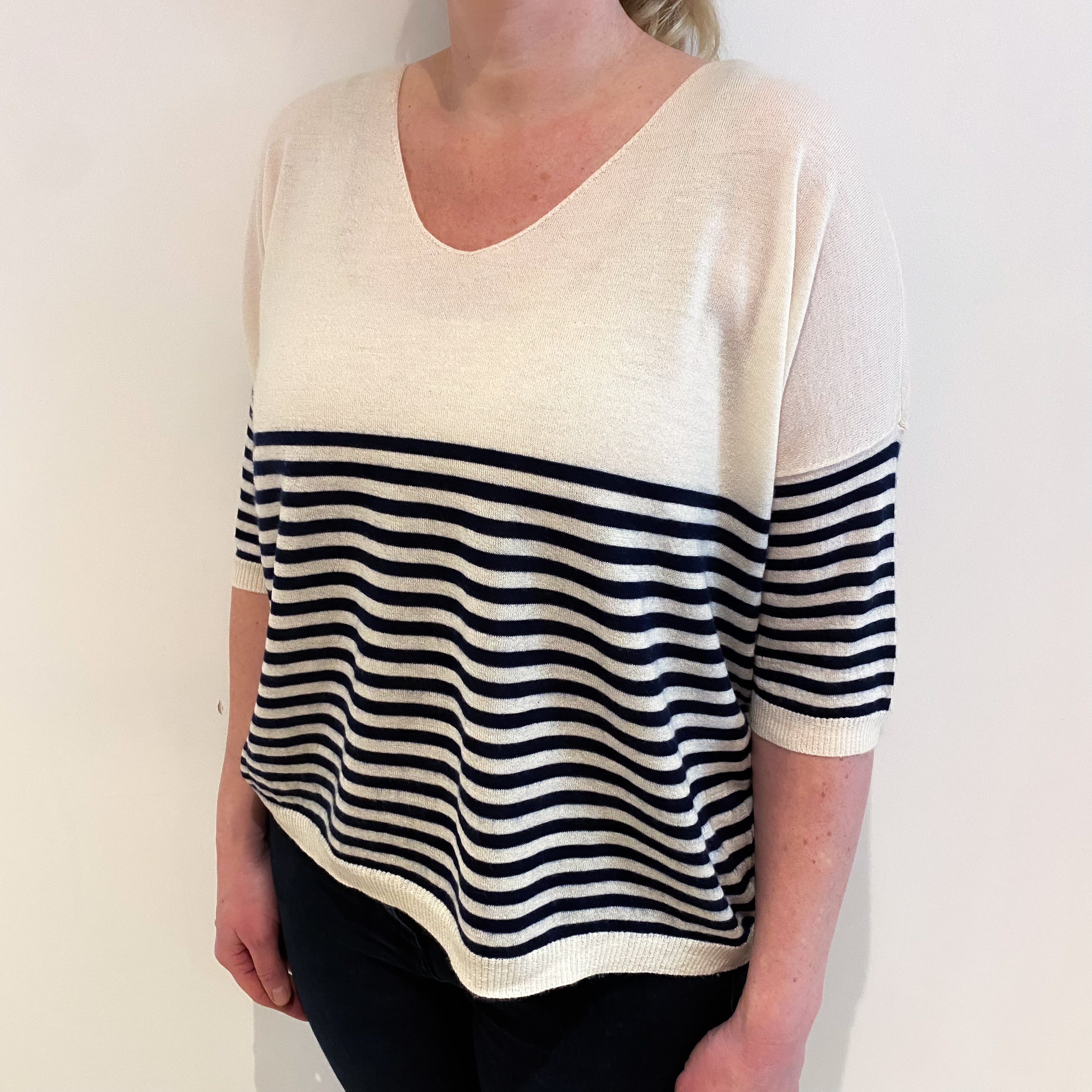 Ivory And Navy Striped Cashmere V Neck Short Sleeved Jumper Large