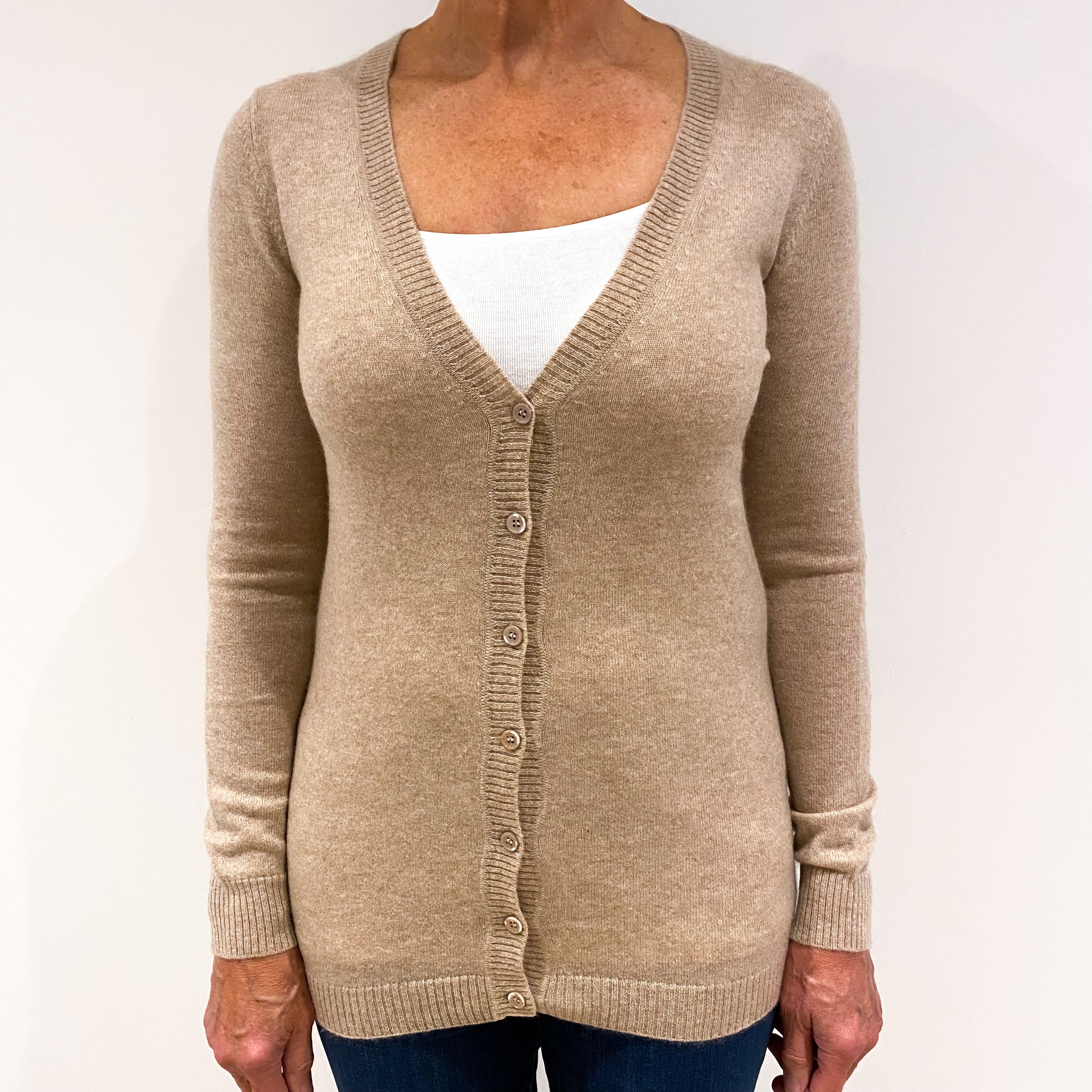 Buff Beige Longline Cashmere V-Neck Cardigan Medium