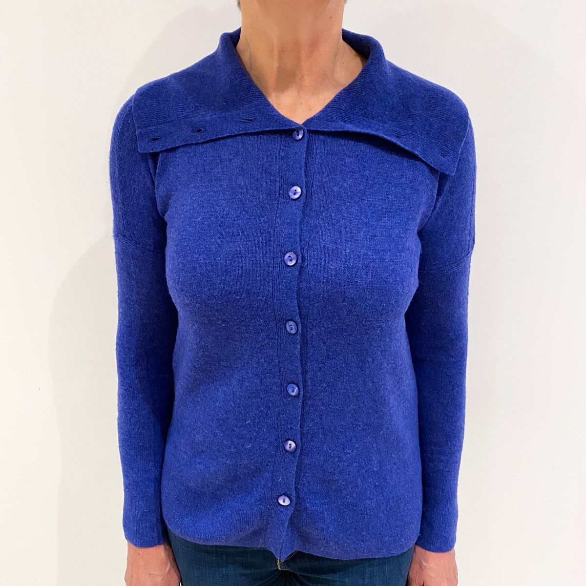 Tanzanite Blue Cashmere Polo Collar Cardigan Medium