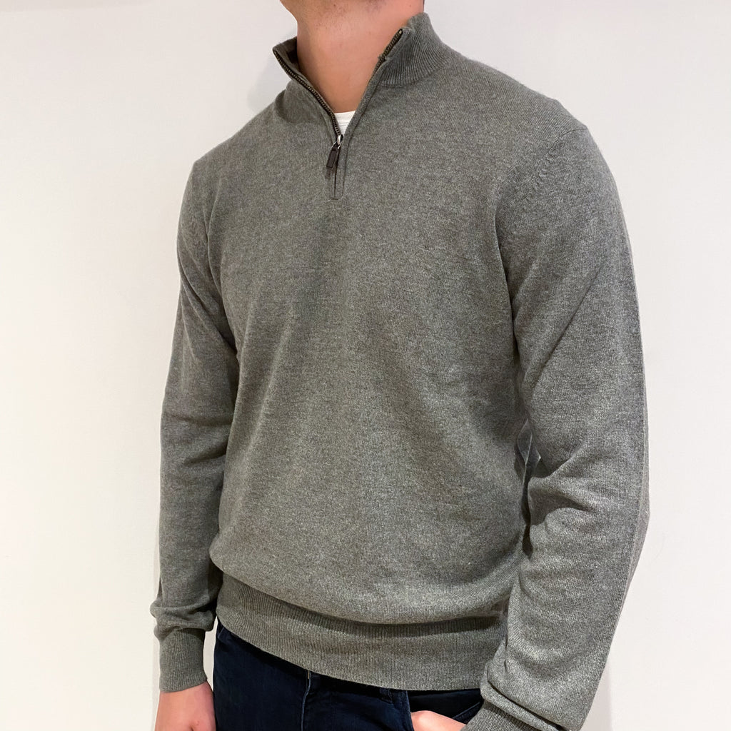 Men's Light Khaki Cashmere 1/4 Zip Neck Jumper Extra Large