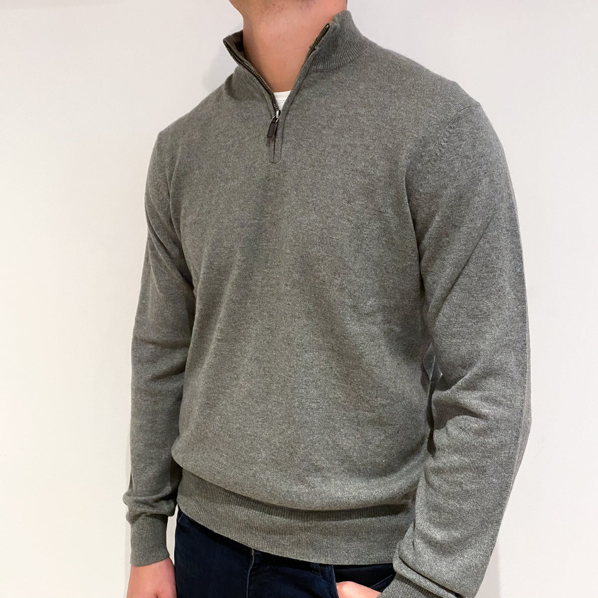 Men's Light Khaki Cashmere 1/4 Zip Neck Jumper Extra Large