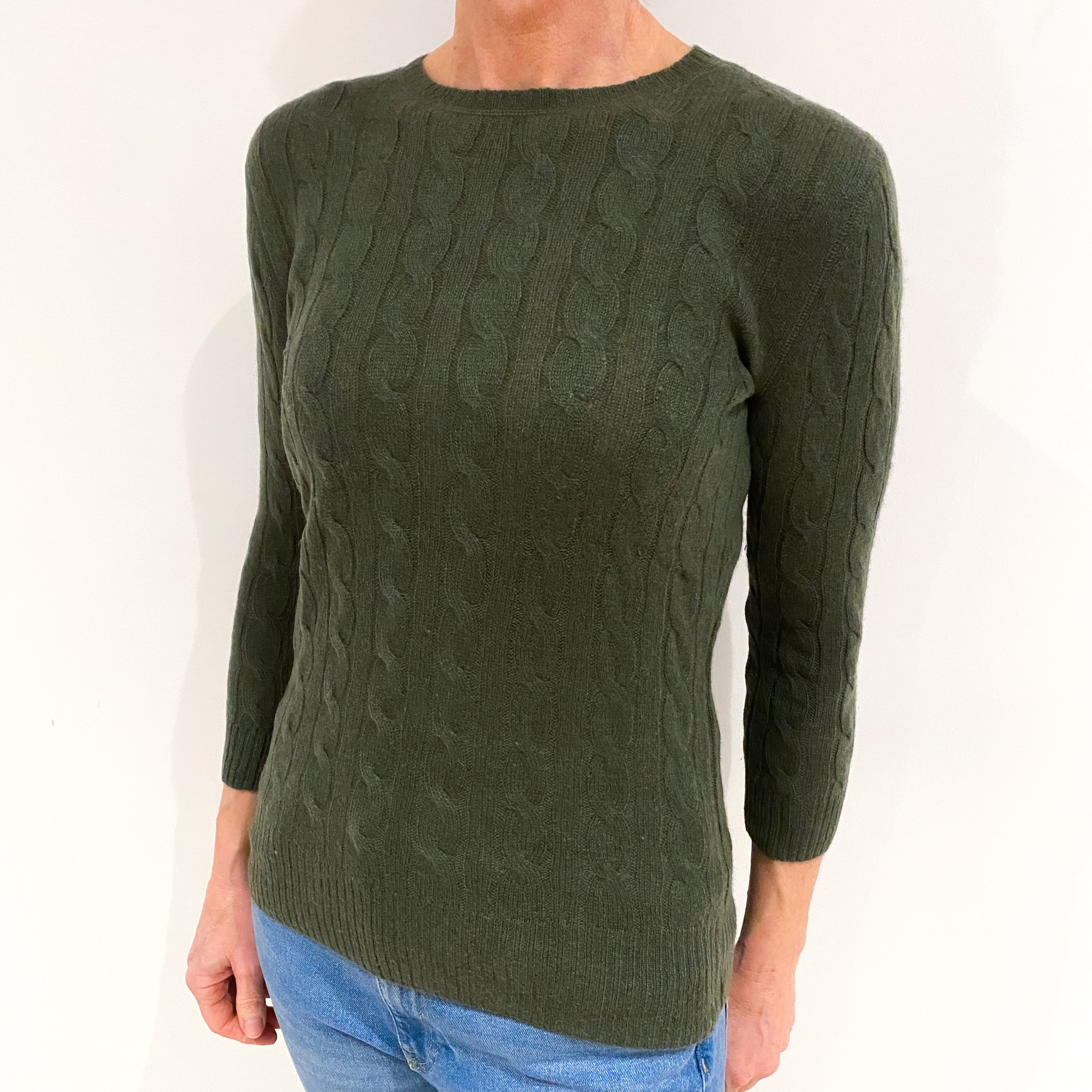 Khaki Green Cable Cashmere Crew Neck Jumper Small
