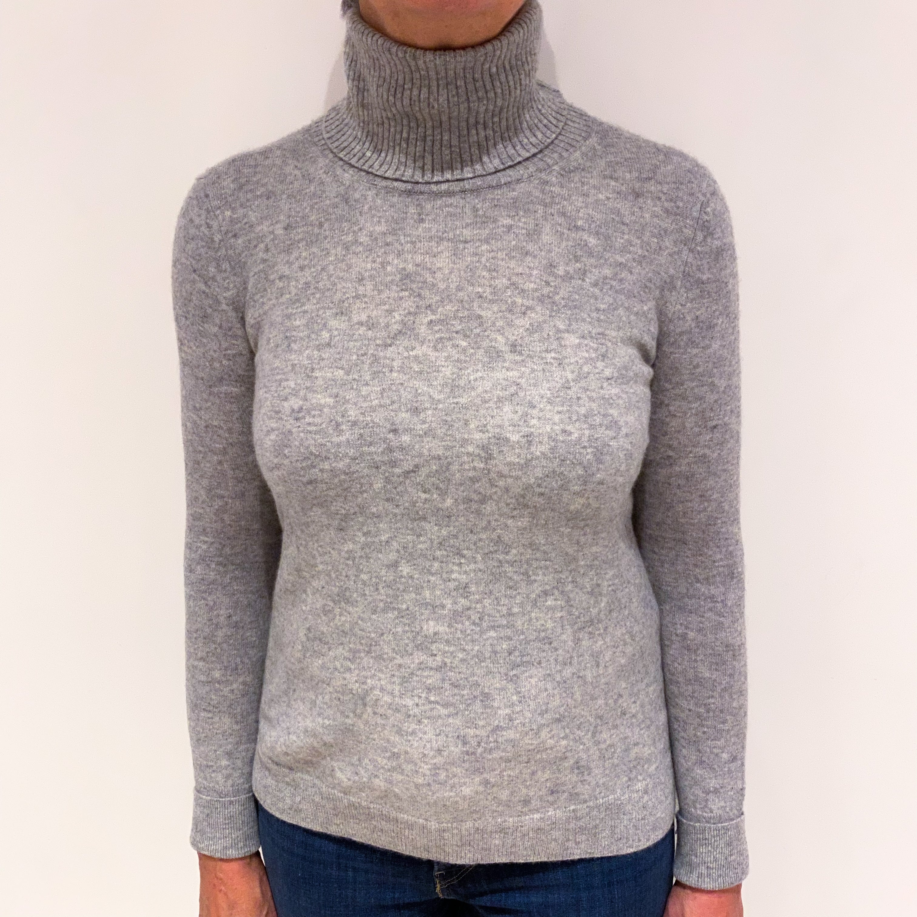Smoke Grey Rib Side Cashmere Polo Neck Jumper Medium