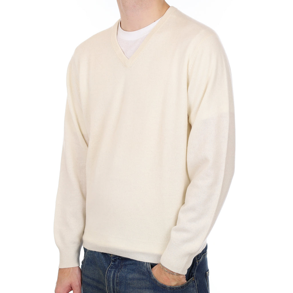 Men’s Ivory Cashmere V Neck Jumper Large