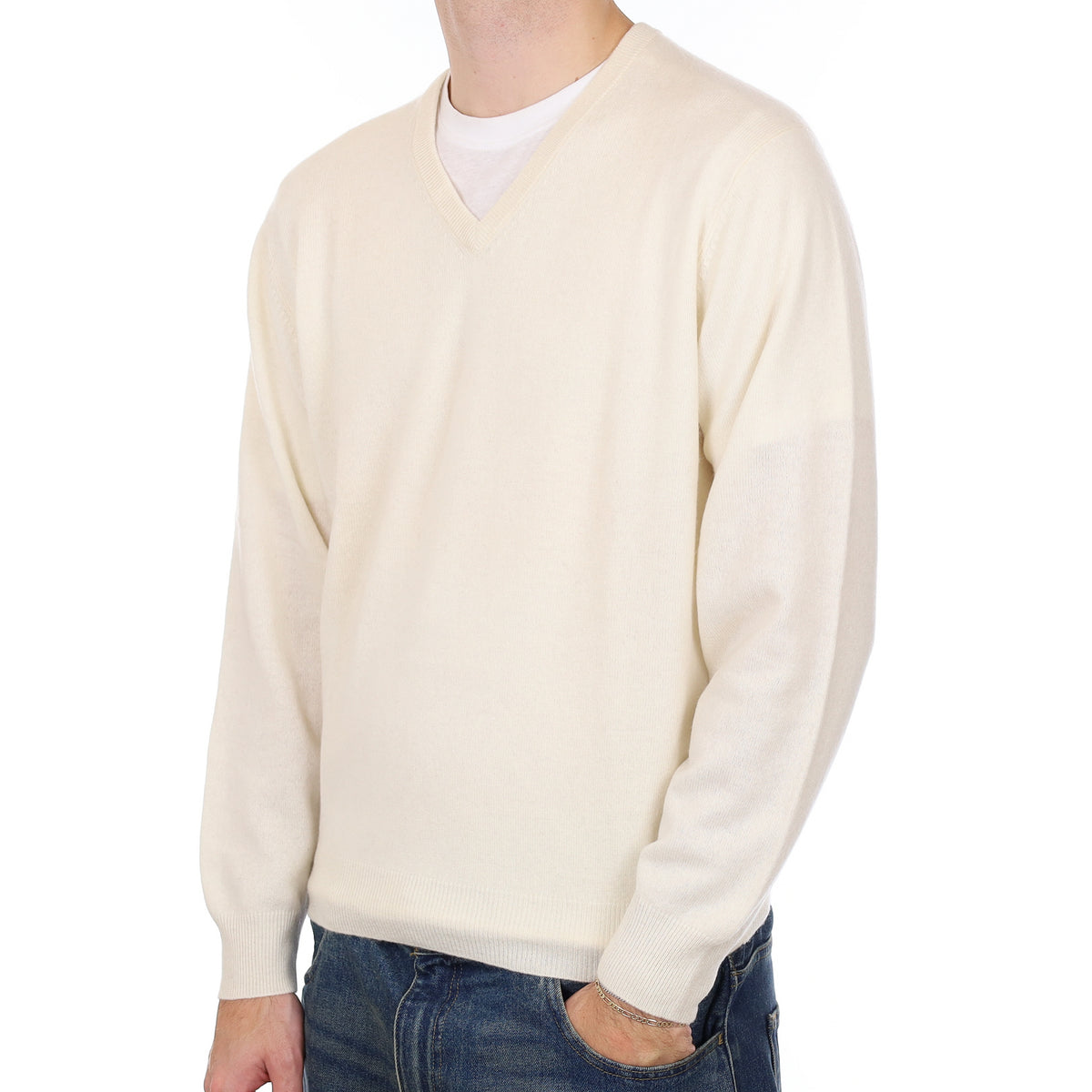 Men’s Ivory Cashmere V Neck Jumper Large
