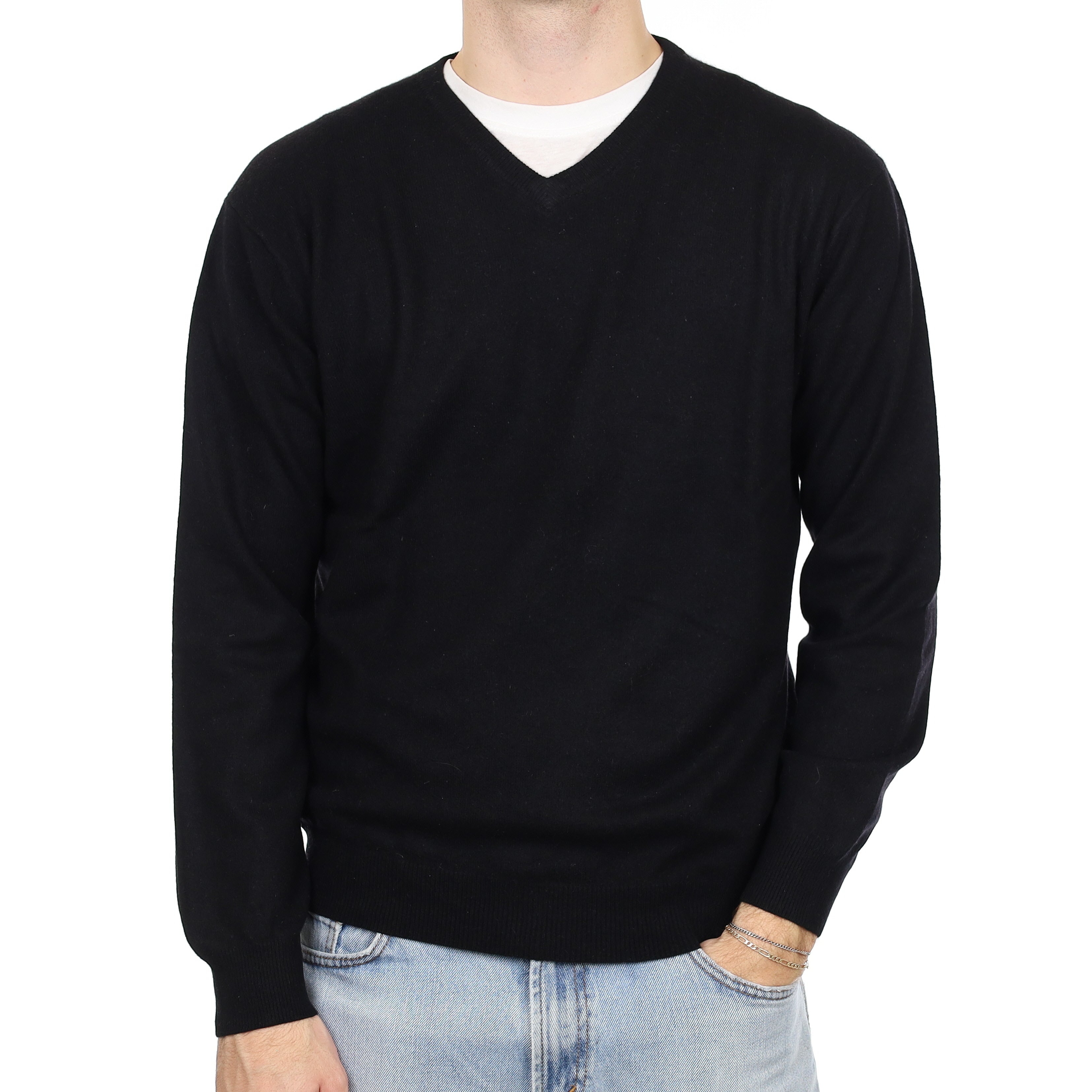 Men's Black Cashmere V Neck Jumper Large