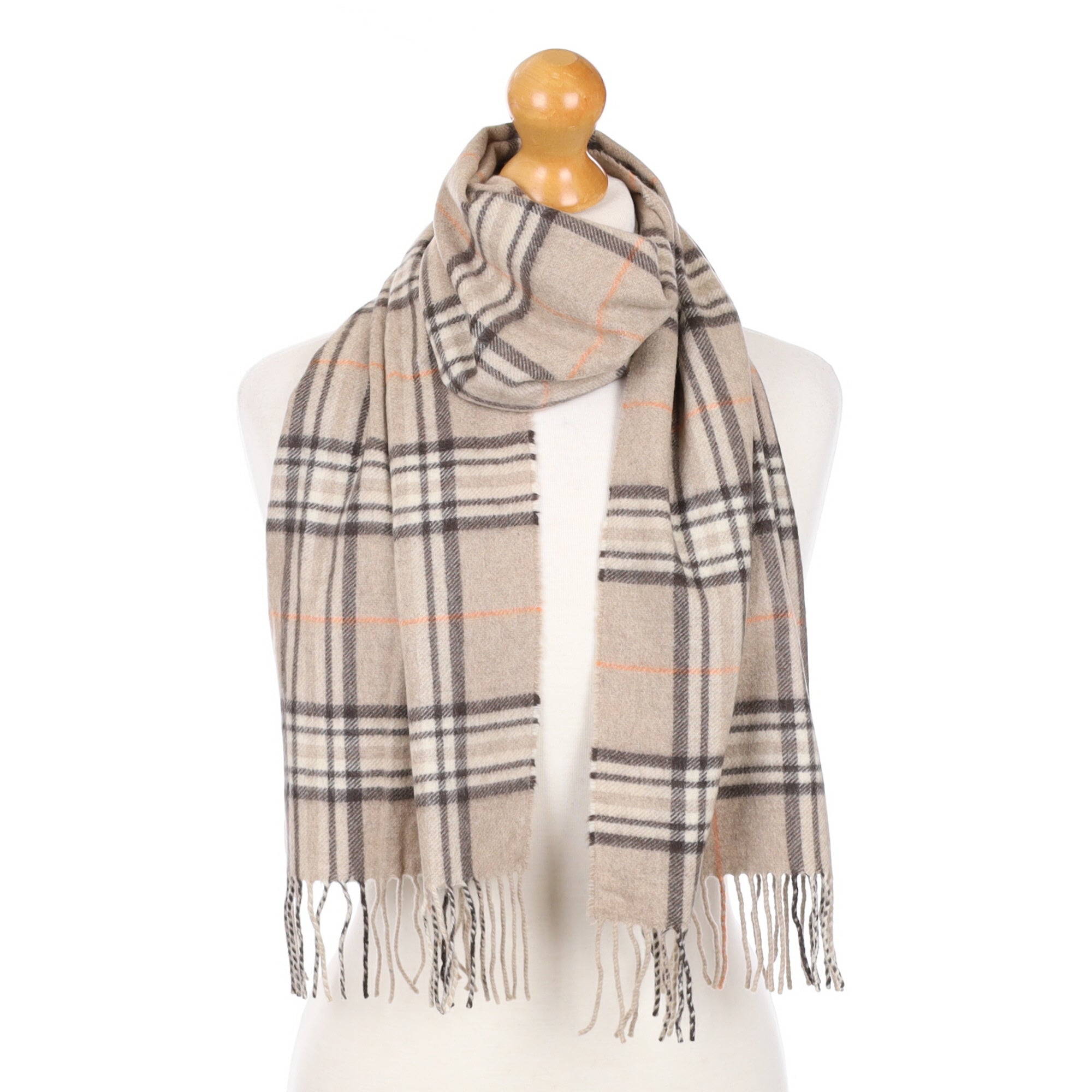Fawn and Orange Checked Fringed Cashmere Woven Scarf