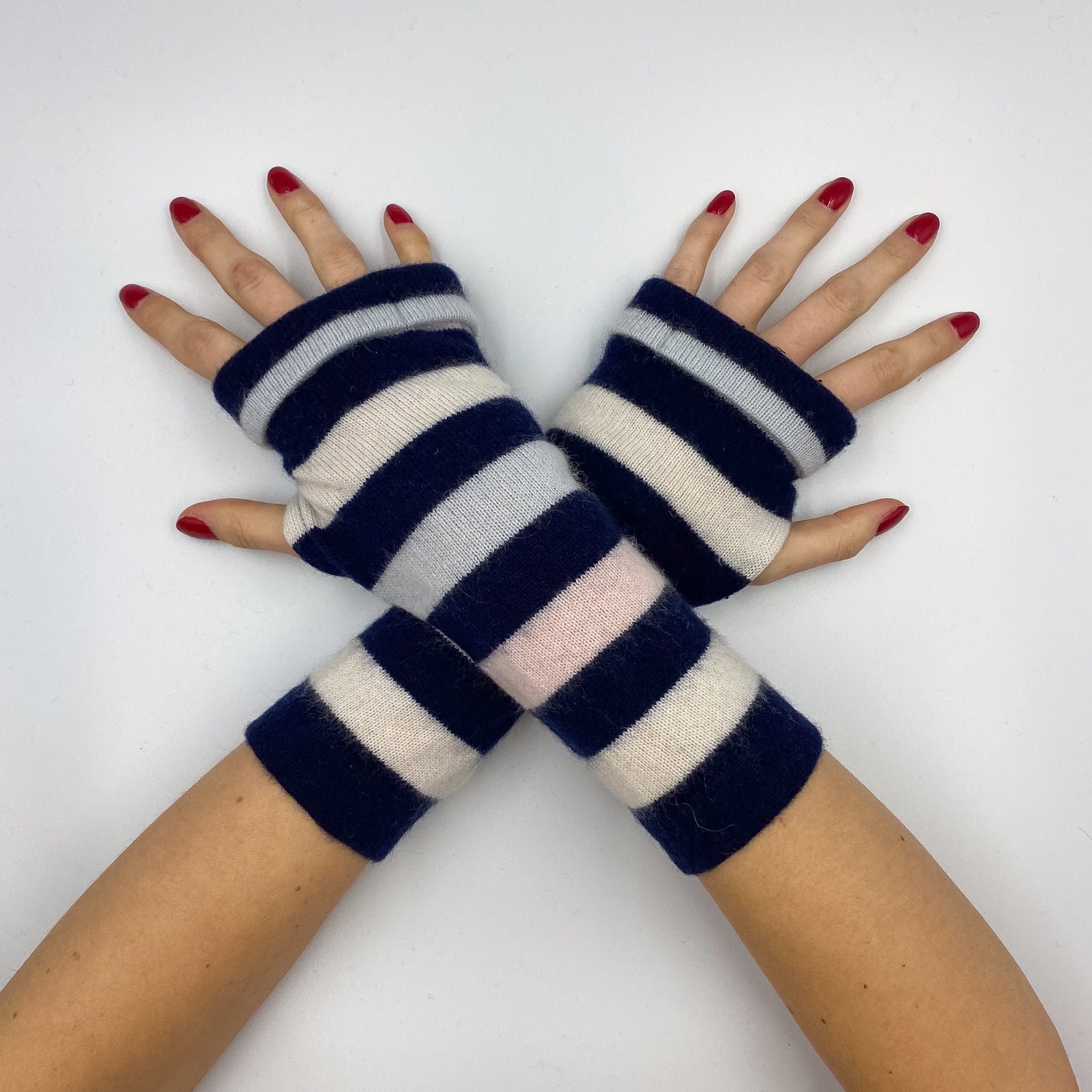 Navy and Pastel Stripe Fingerless Gloves