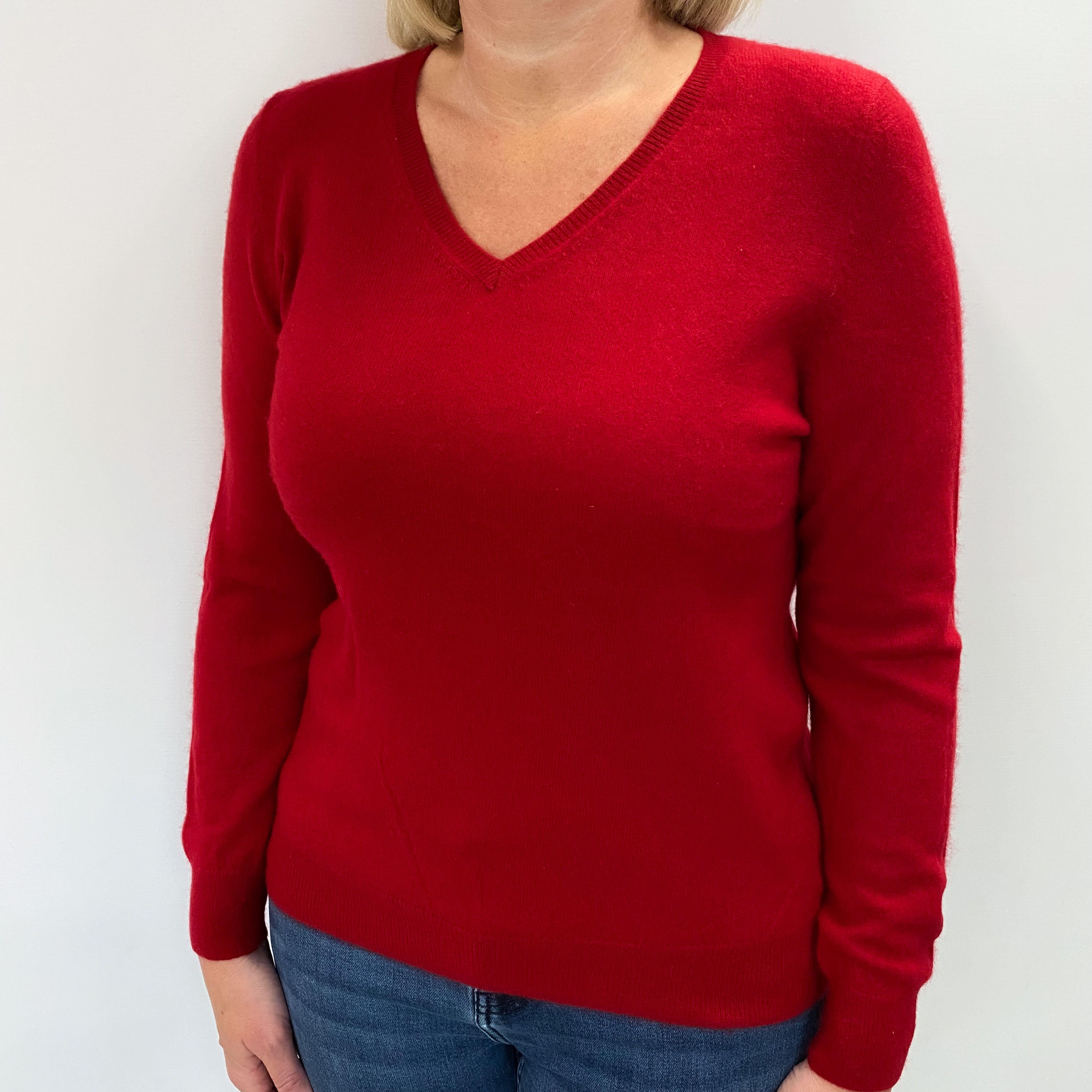 Scarlet Red Cashmere V Neck Jumper Large