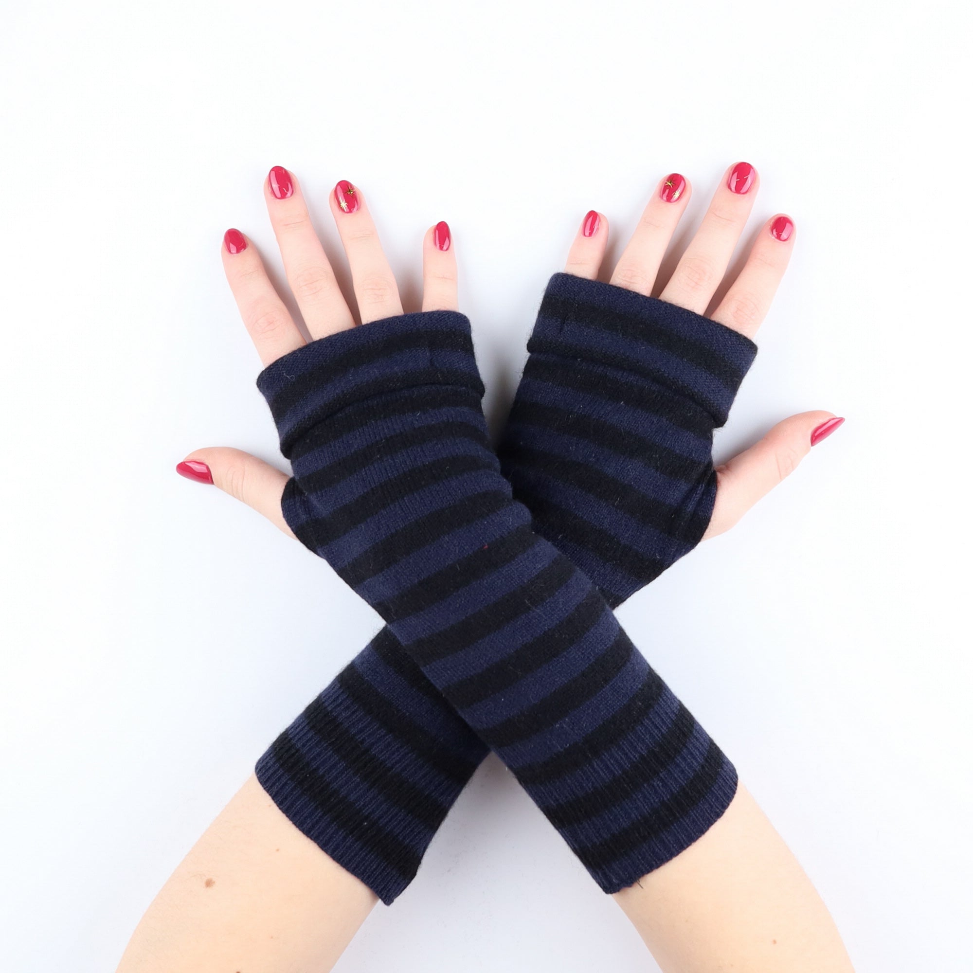 Navy and Black Stripe Fingerless Gloves