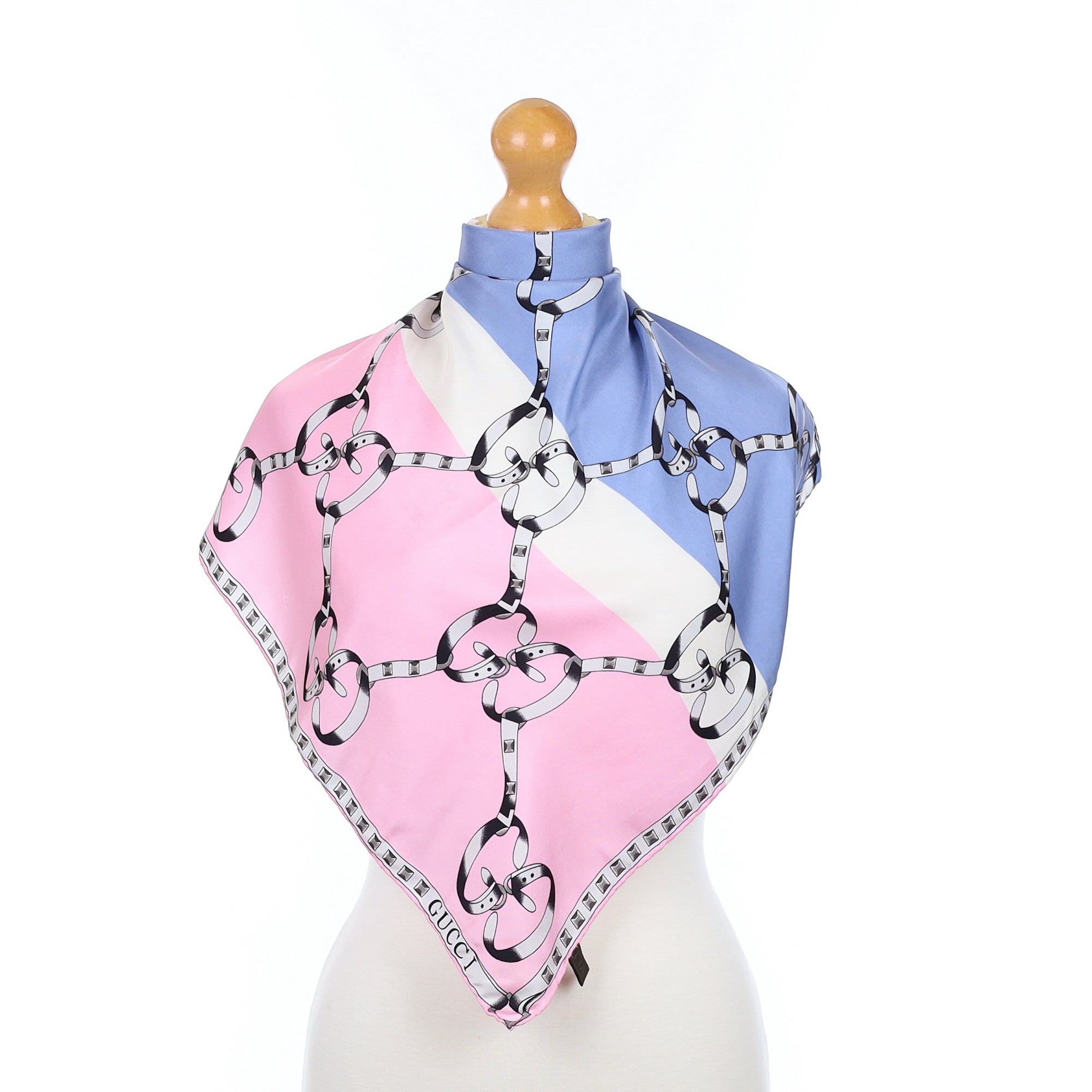 Gucci Pink and Blue Buckle Design Silk Scarf