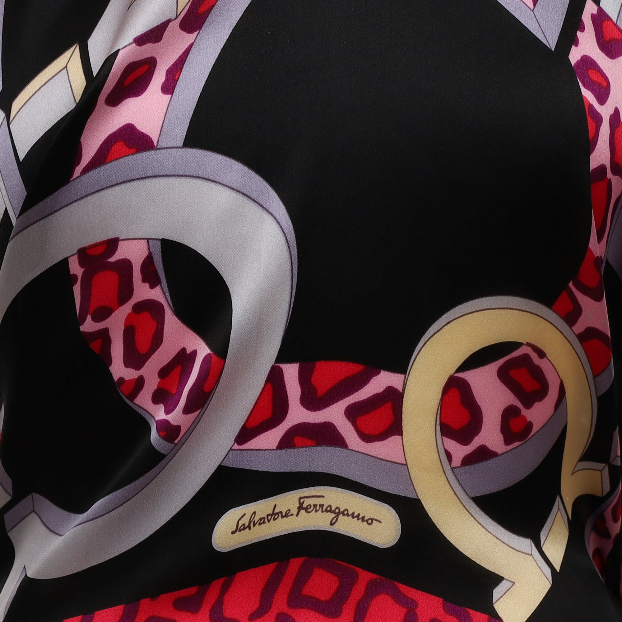 Salvatore Ferragamo Black and Pink Patterned Silk Scarf