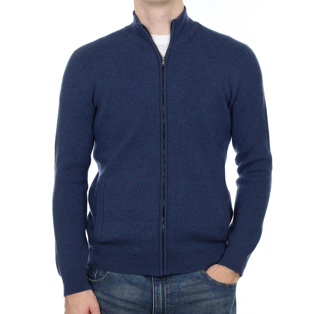 Men’s Brand New Scottish Petrol Blue Rib Cashmere Zip Up Cardigan with Pockets Medium