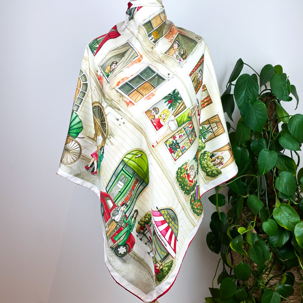 Charming Cafe Scene Silk Scarf