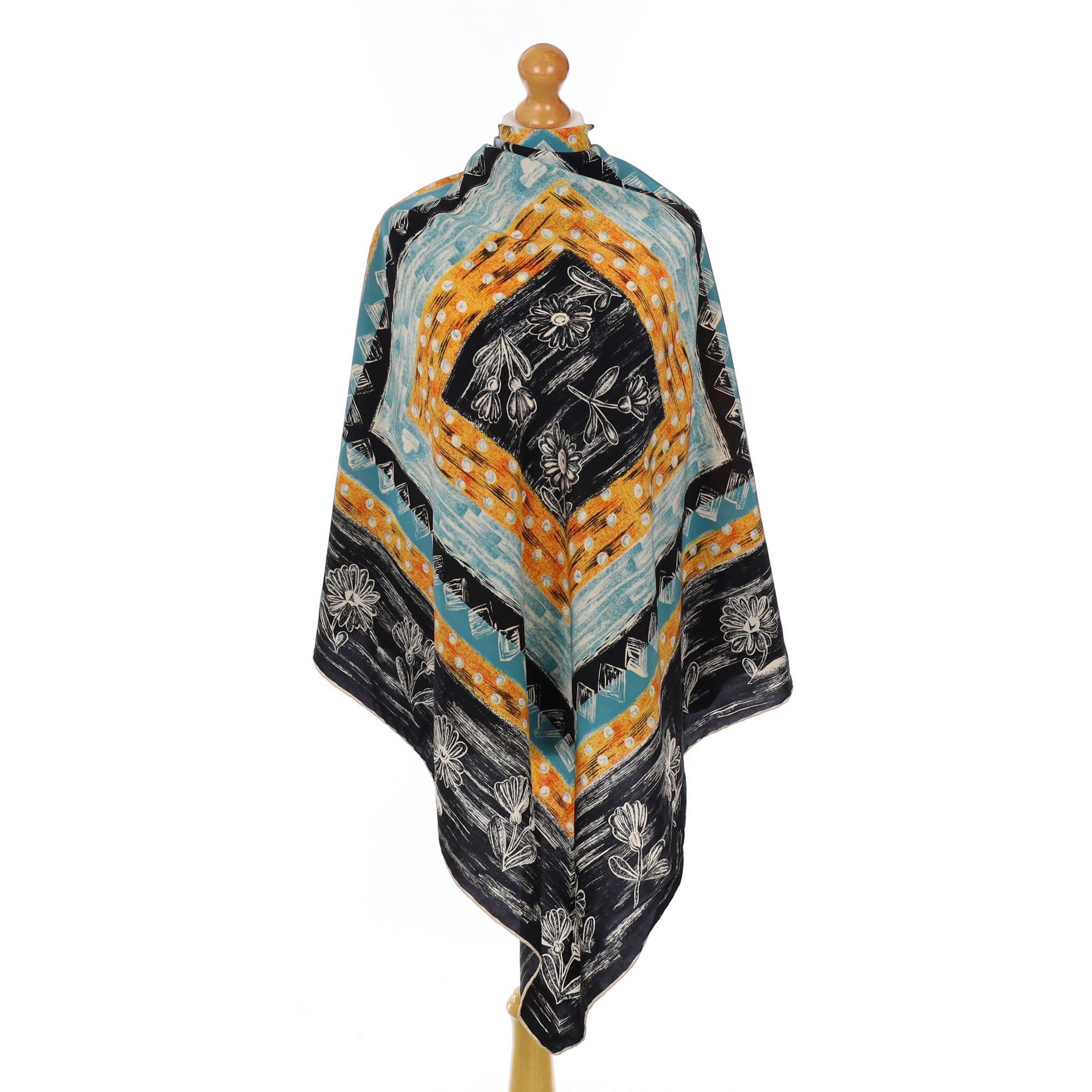 Large Abstract Black Patterned Vintage Silk Scarf