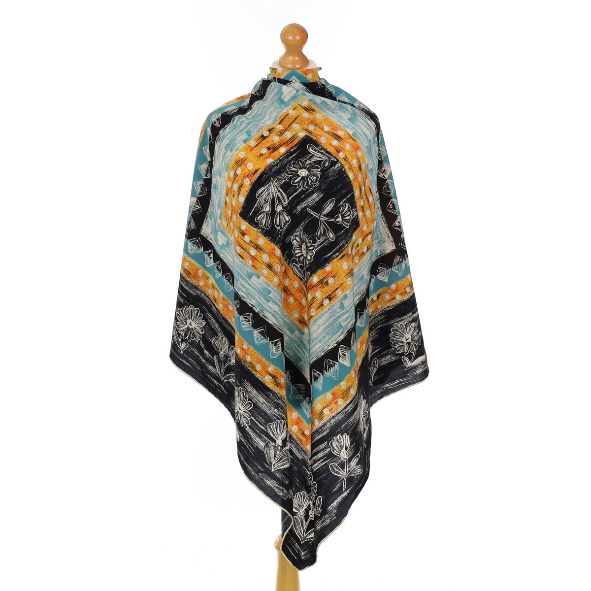 Large Abstract Black Patterned Vintage Silk Scarf
