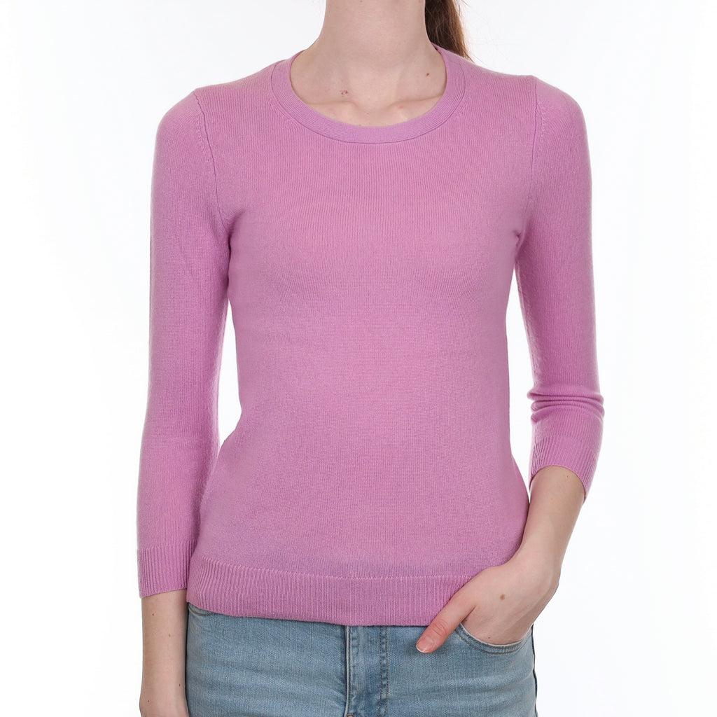 Mauve Pink Cashmere 3/4 Sleeve Crew Neck Jumper Extra Small