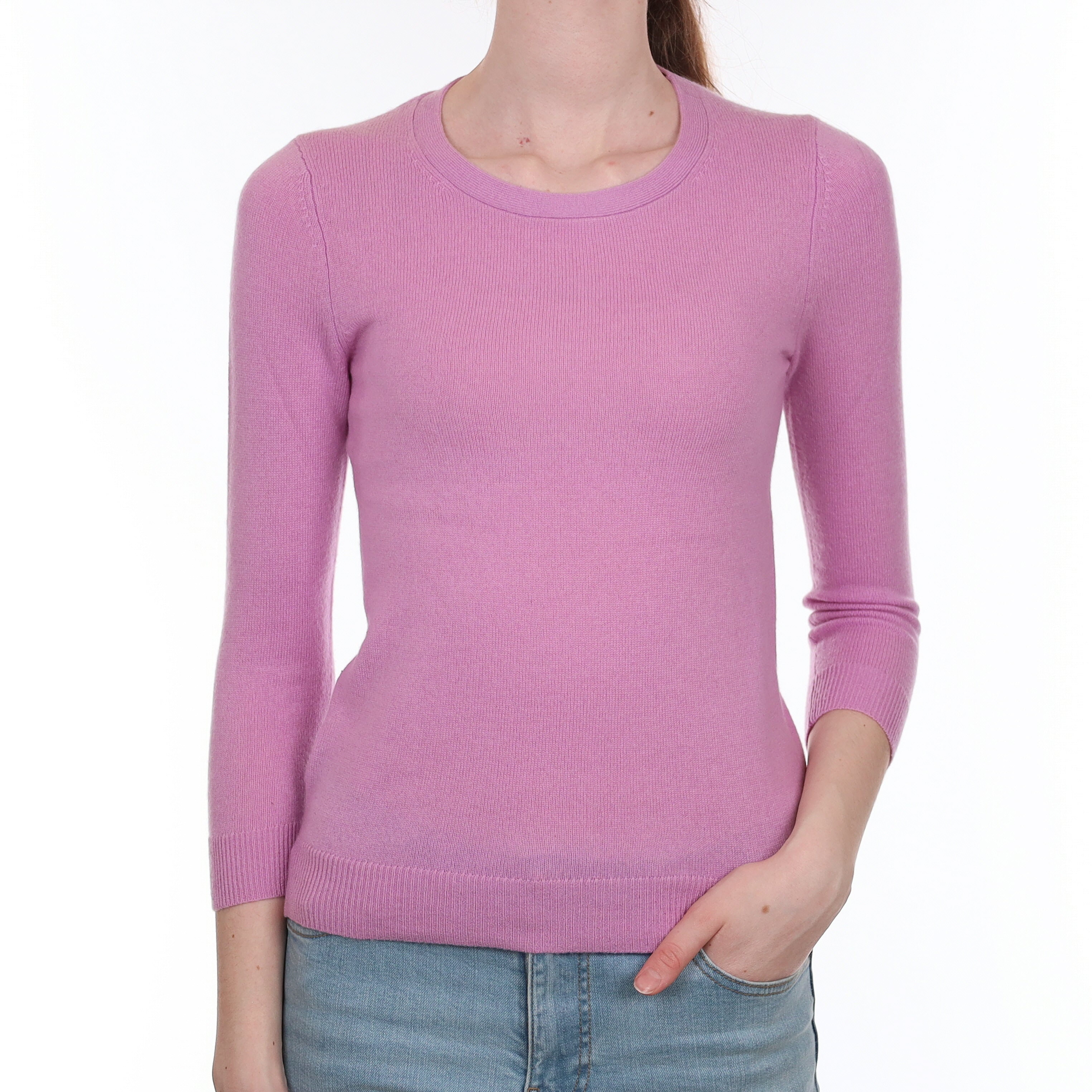 Mauve Pink Cashmere 3/4 Sleeve Crew Neck Jumper Extra Small