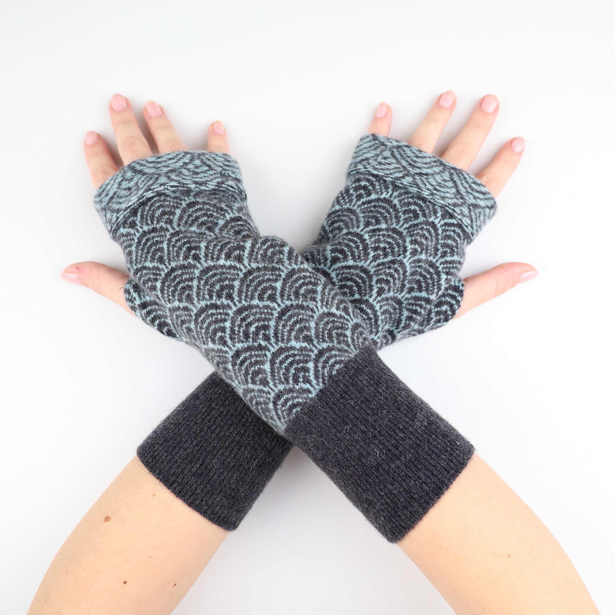 Charcoal Grey and Green Patterned Fingerless Gloves
