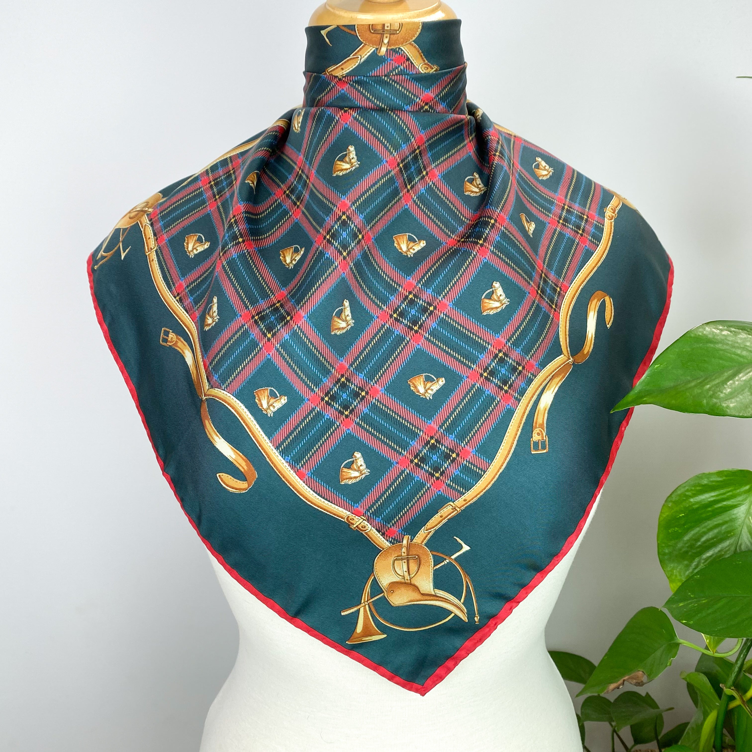 Bottle Green Tartan Equestrian Silk Scarf