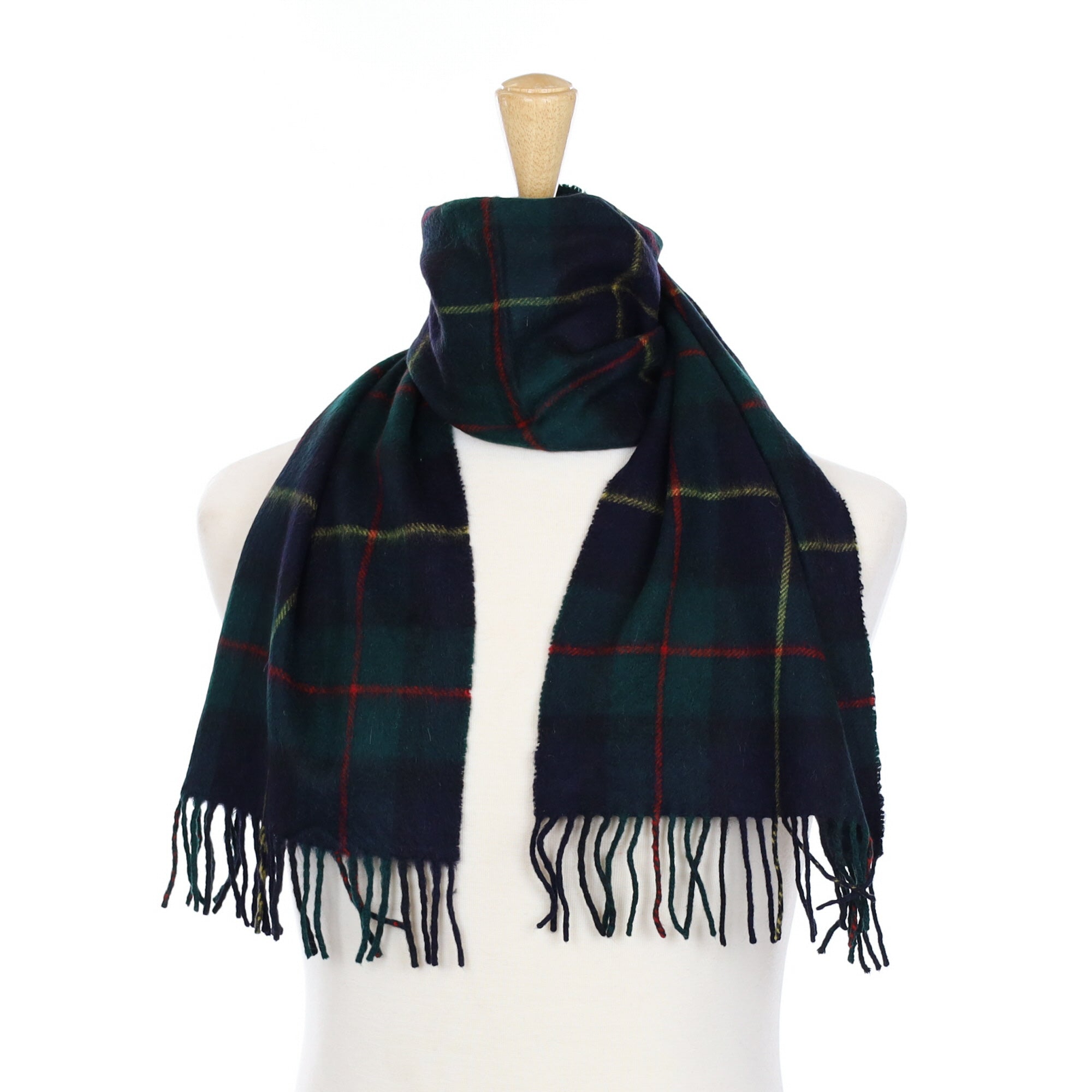 Navy and Bottle Green Checked Cashmere Fringed Woven Scarf
