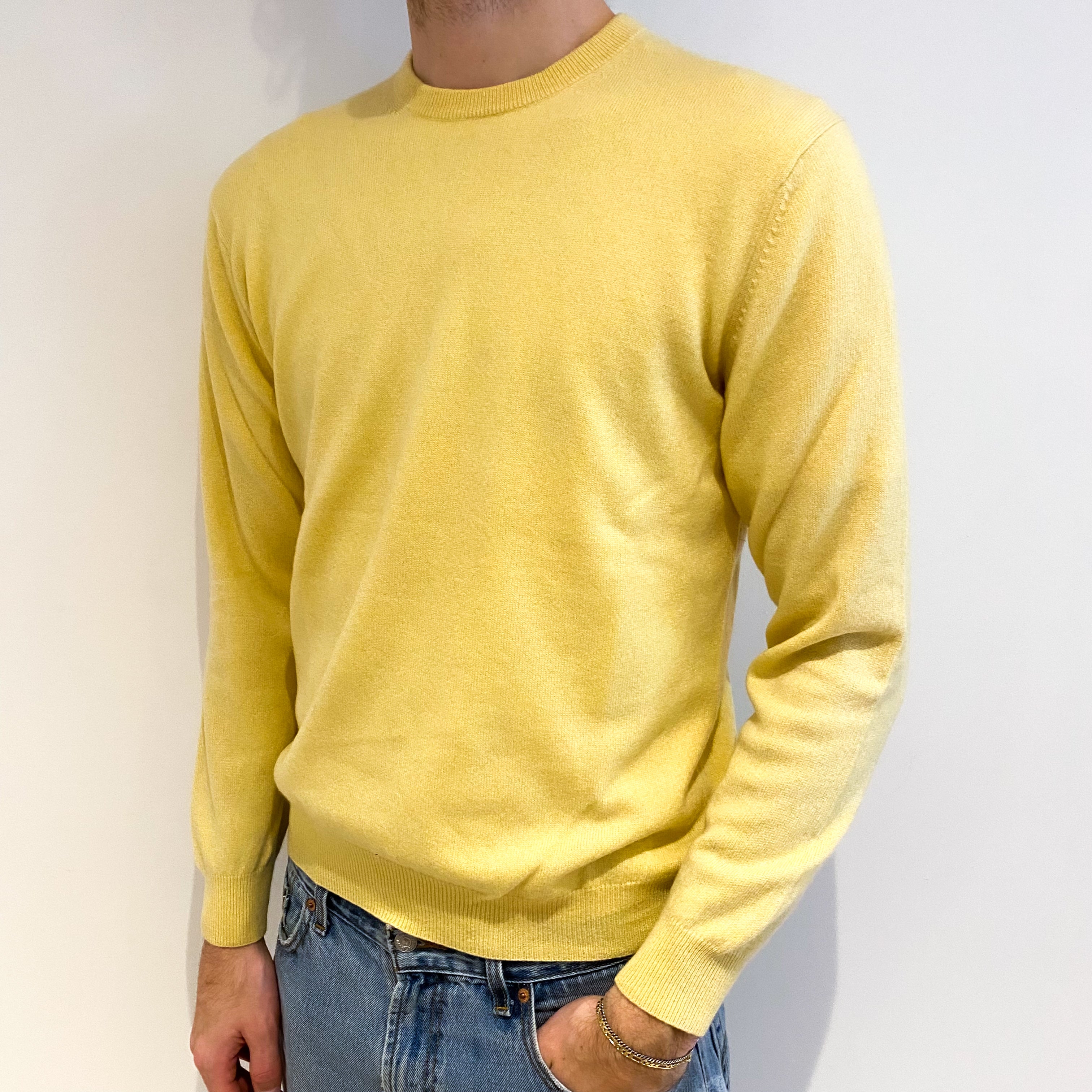 Men's Custard Yellow Cashmere Crew Neck Jumper Medium