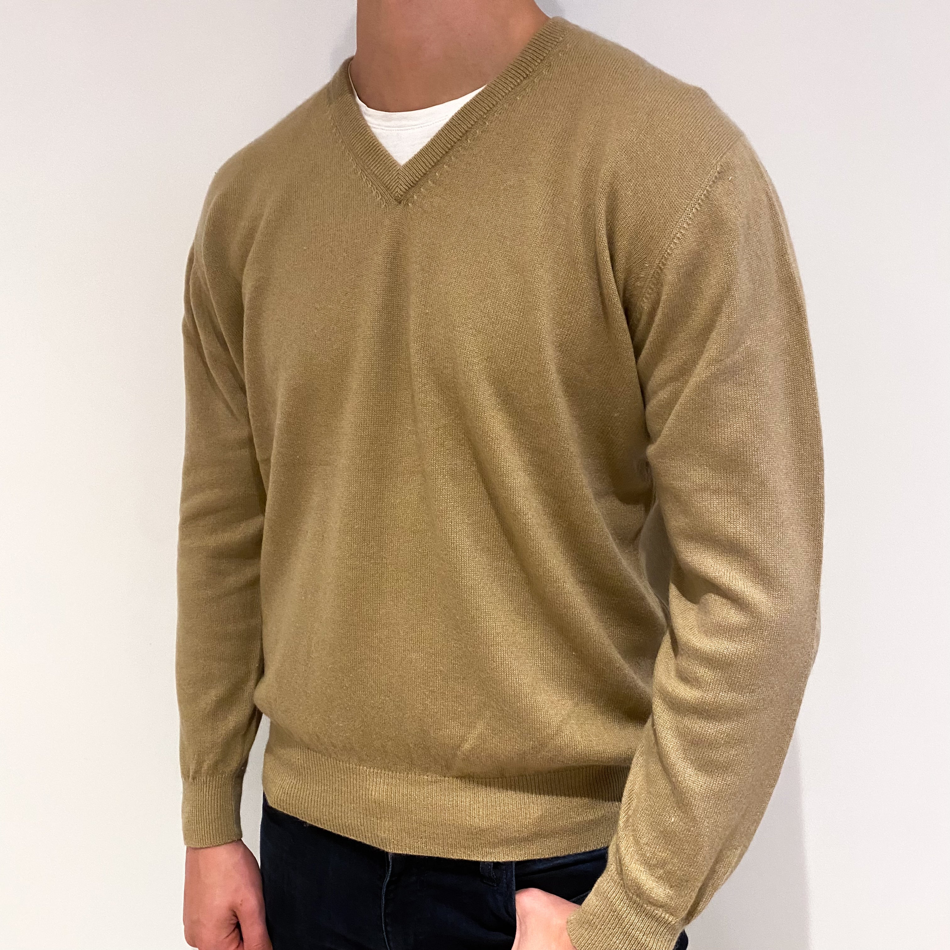 Men's Camel Brown Cashmere V-Neck Jumper Extra Large