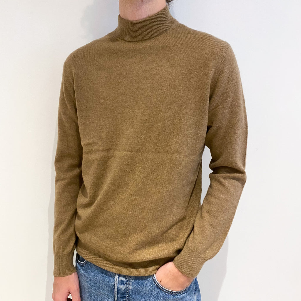 Men's Camel Brown Cashmere Turtle Neck Jumper Large