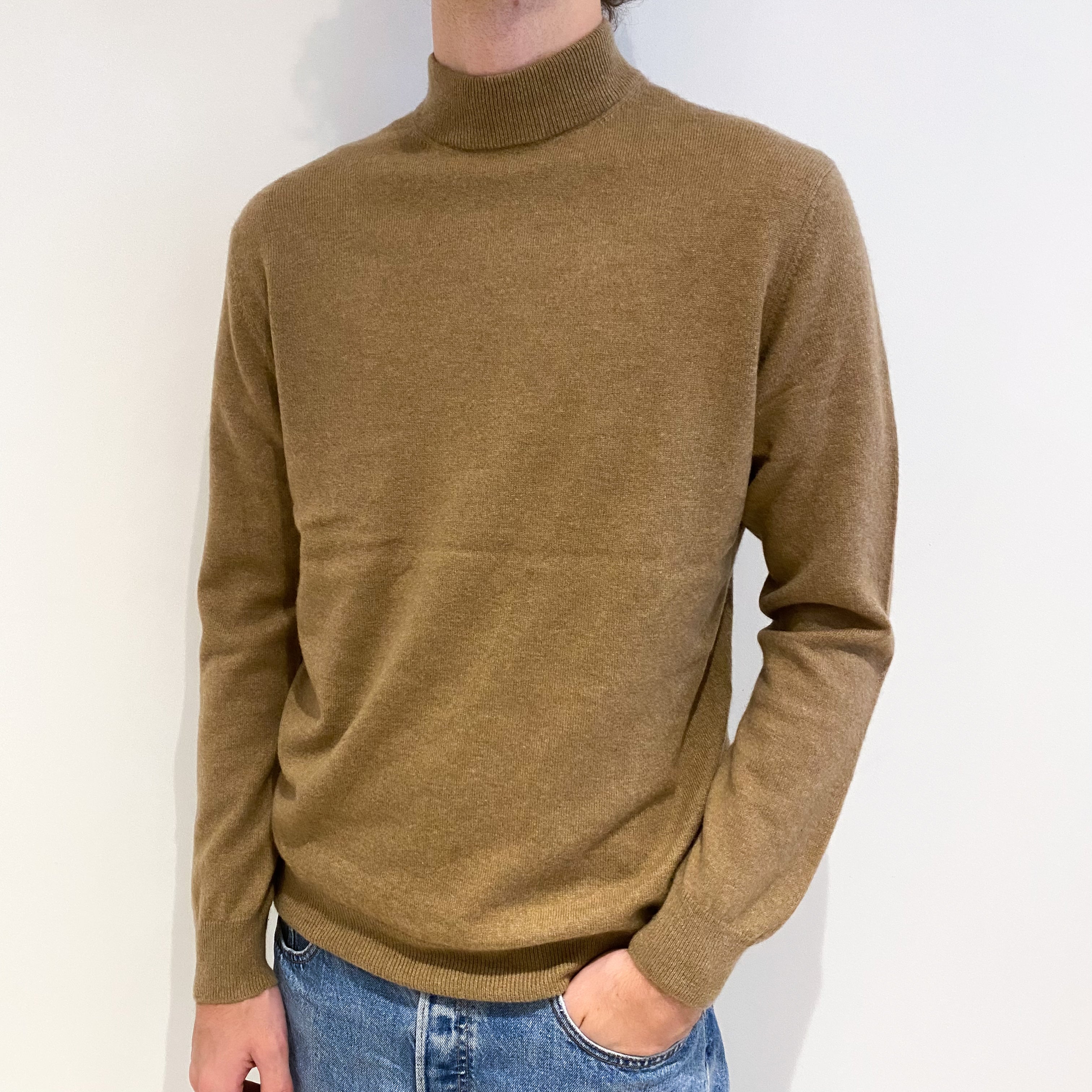Men's Camel Brown Cashmere Turtle Neck Jumper Large