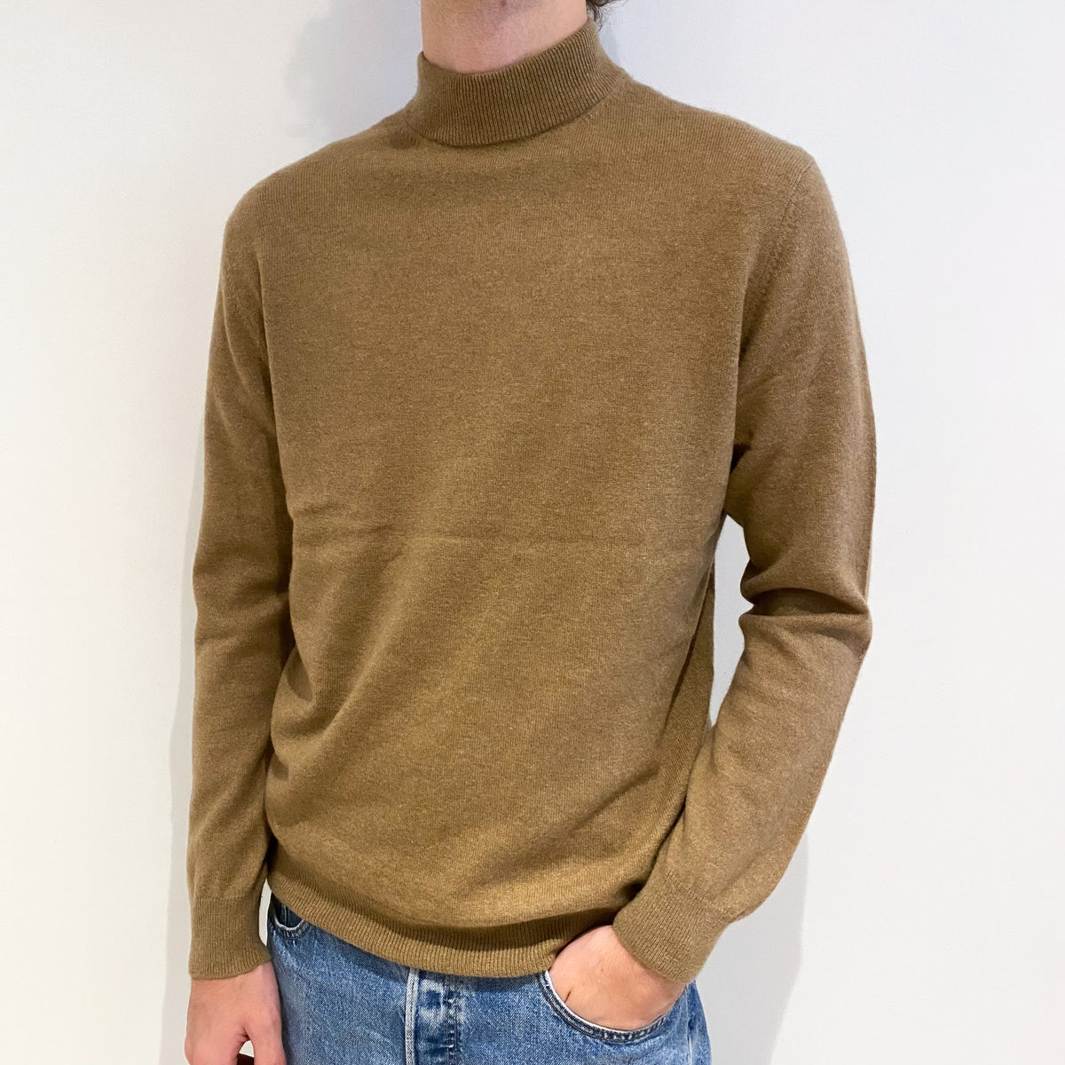 Men's Camel Brown Cashmere Turtle Neck Jumper Large