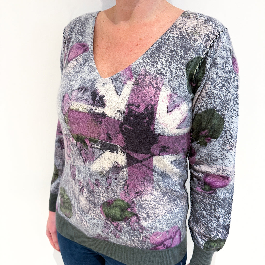 Grey and Loganberry Abstract V-Neck Jumper Large