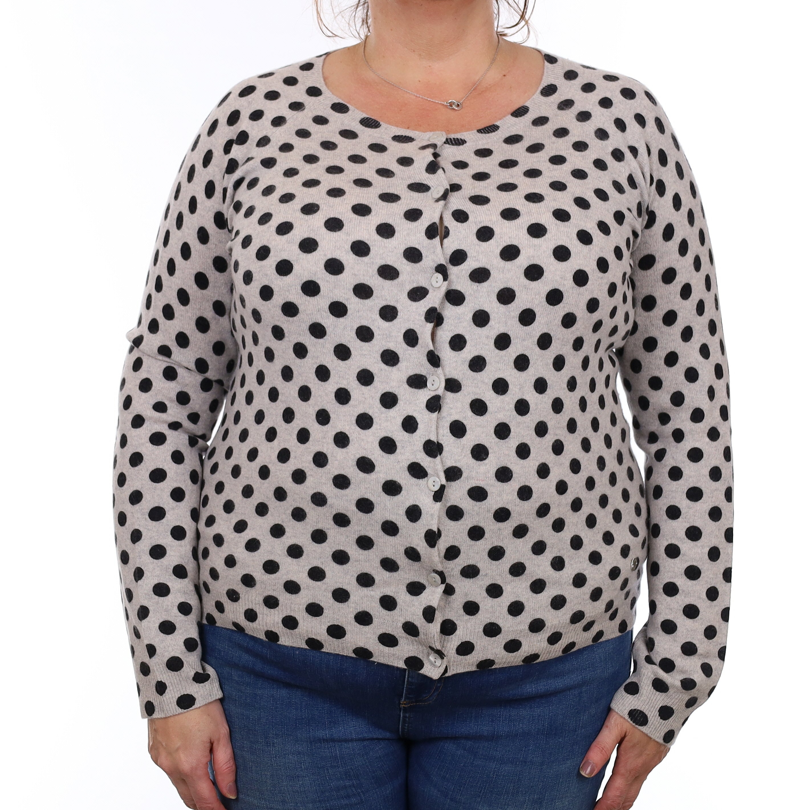 Grey & Black Spotted Cashmere Crew Neck Cardigan Extra Large