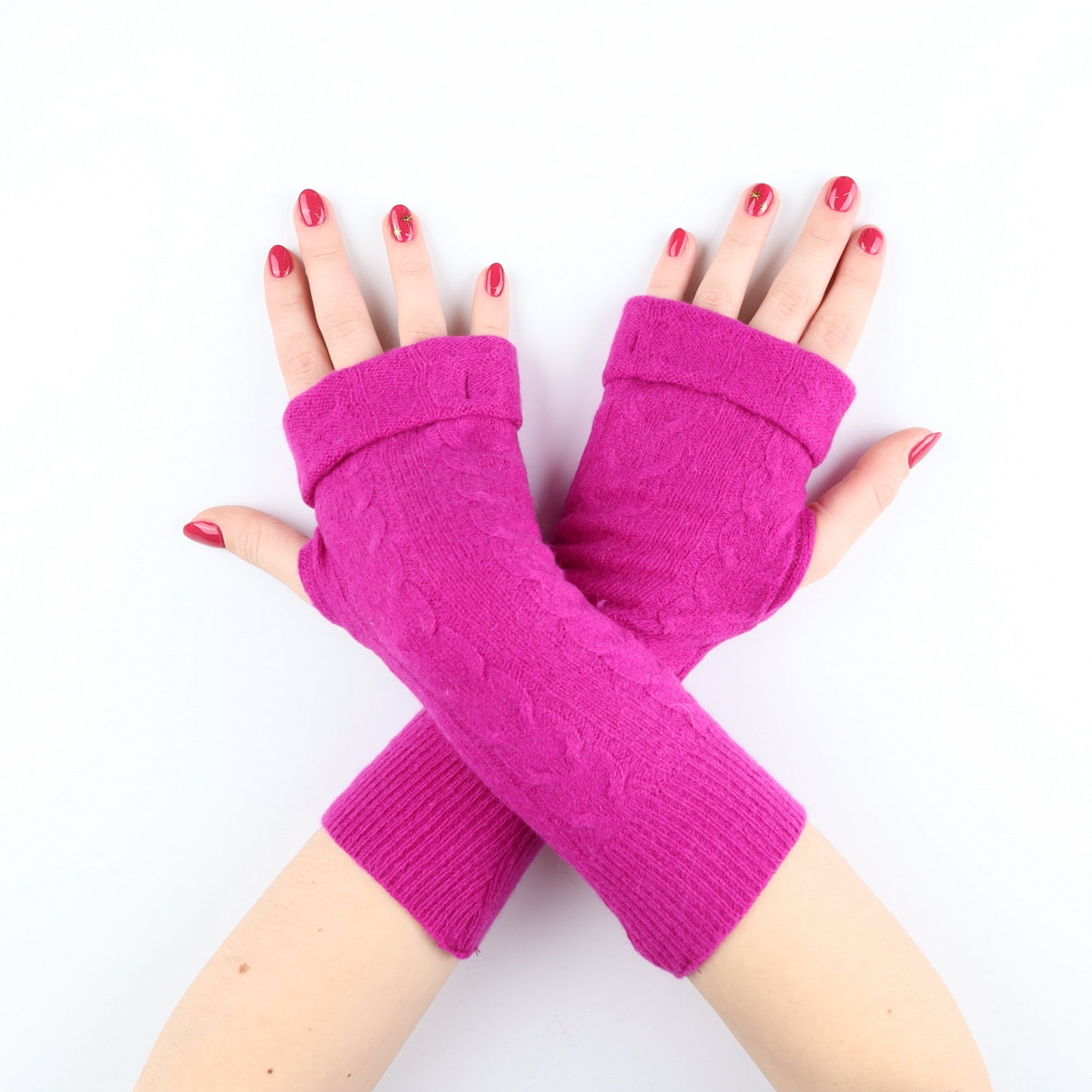Magenta Pink Cable Fingerless Gloves