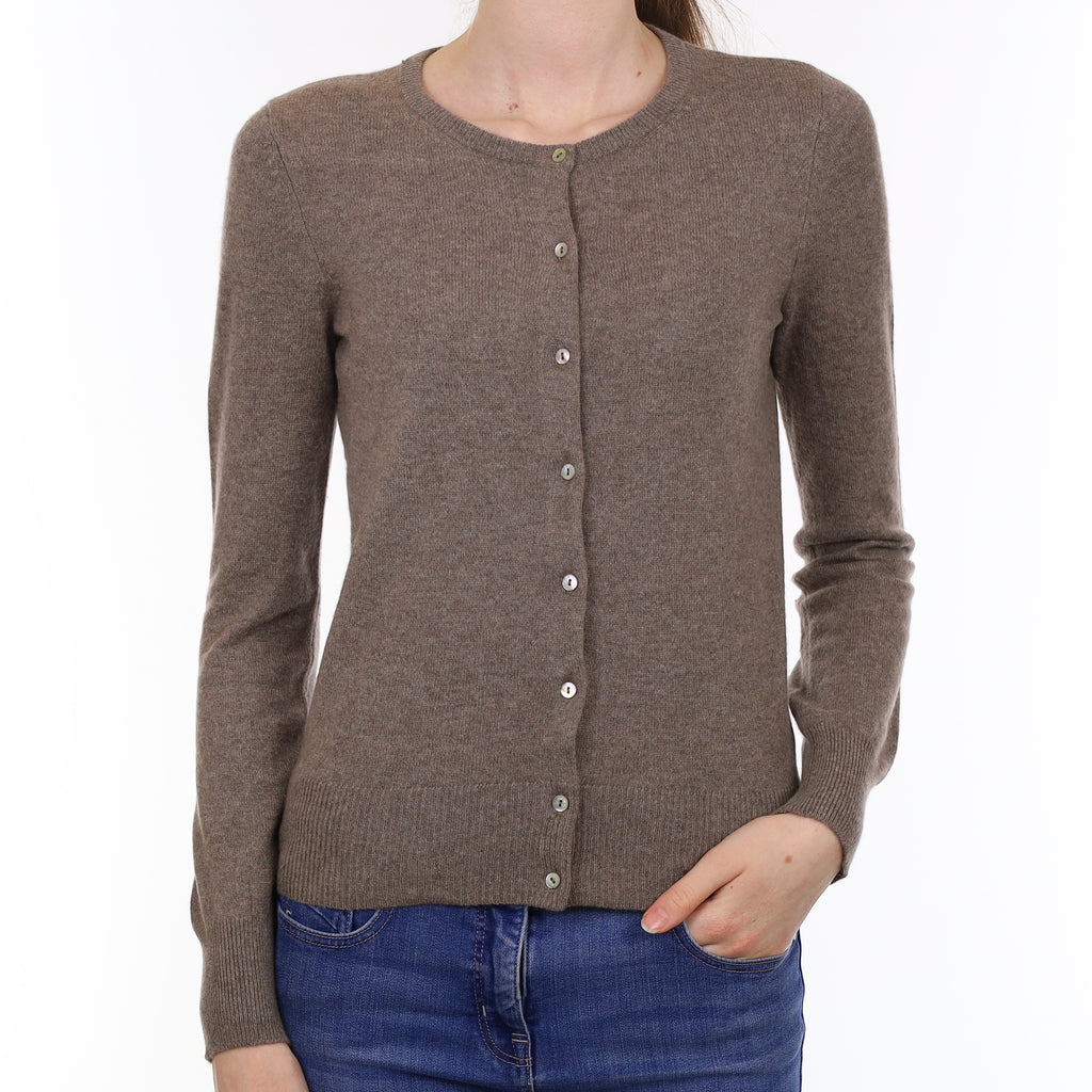 Mink Brown Cashmere Crew Neck Cardigan Extra Small