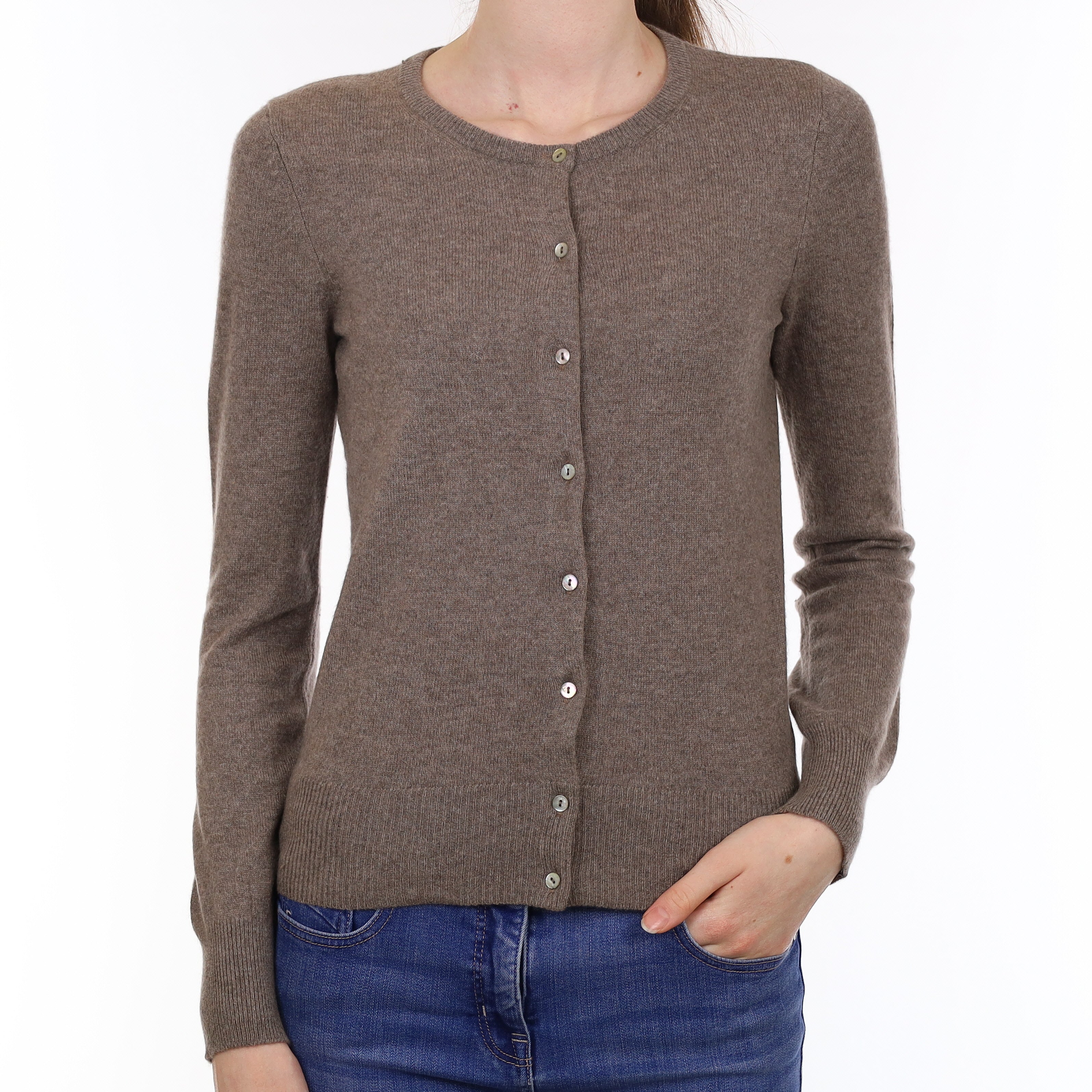 Mink Brown Cashmere Crew Neck Cardigan Extra Small
