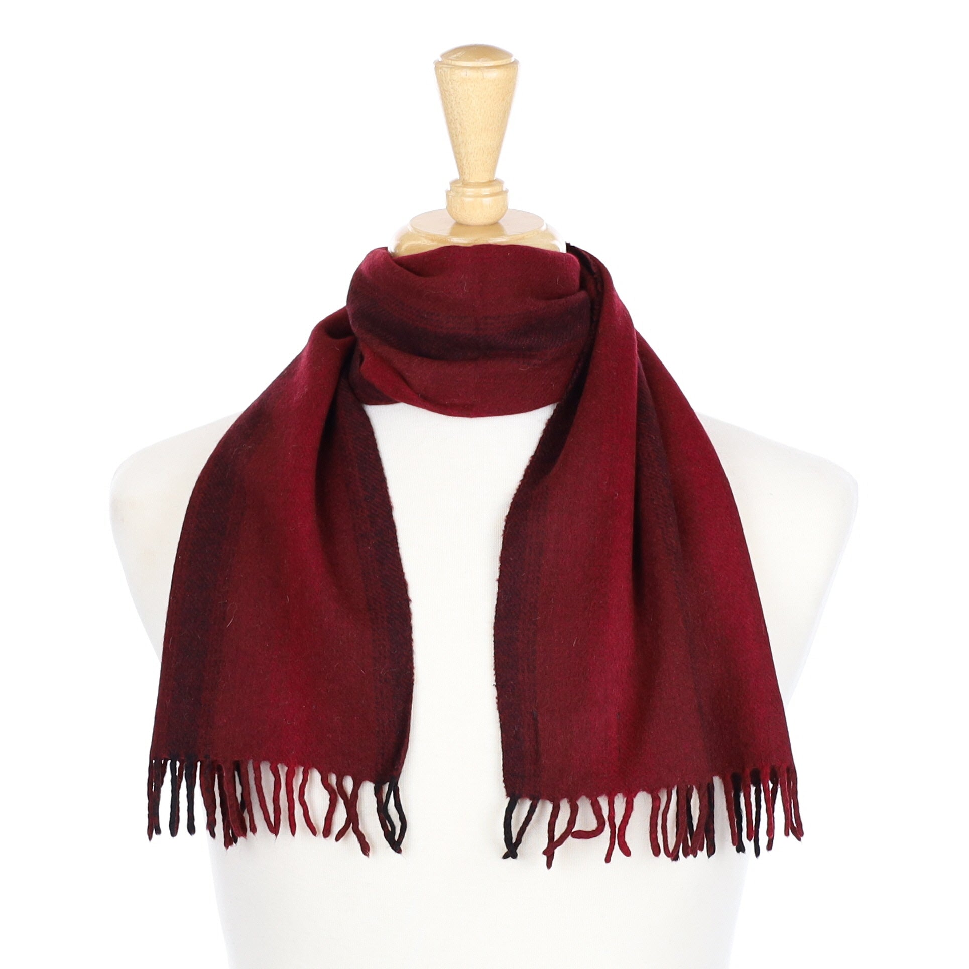 Burgundy and Black Striped Cashmere Fringed Woven Scarf
