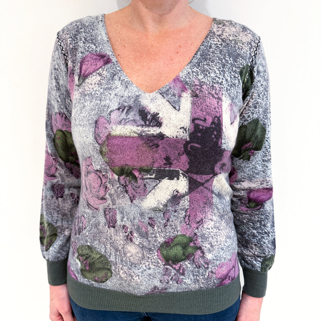 Grey and Loganberry Abstract V-Neck Jumper Large