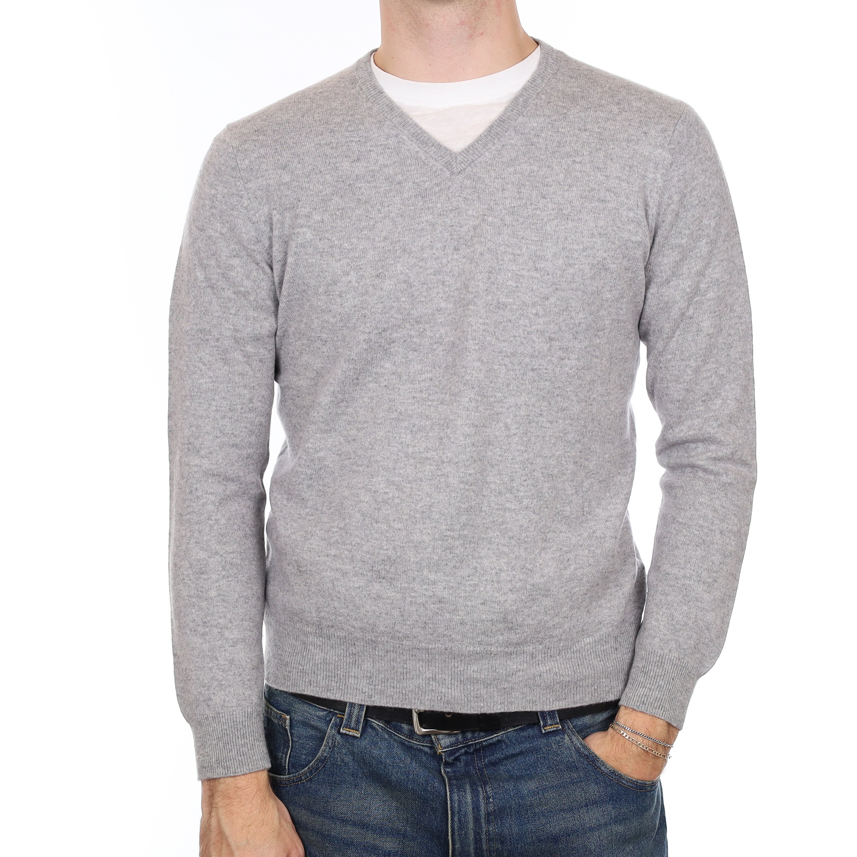 Men’s Smoke Grey Cashmere V Neck Jumper Medium