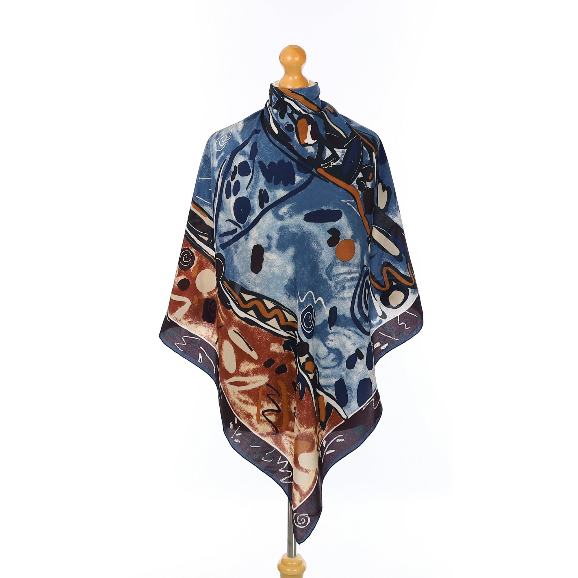 Blue Black and Brown Abstract Vintage Silk Scarf