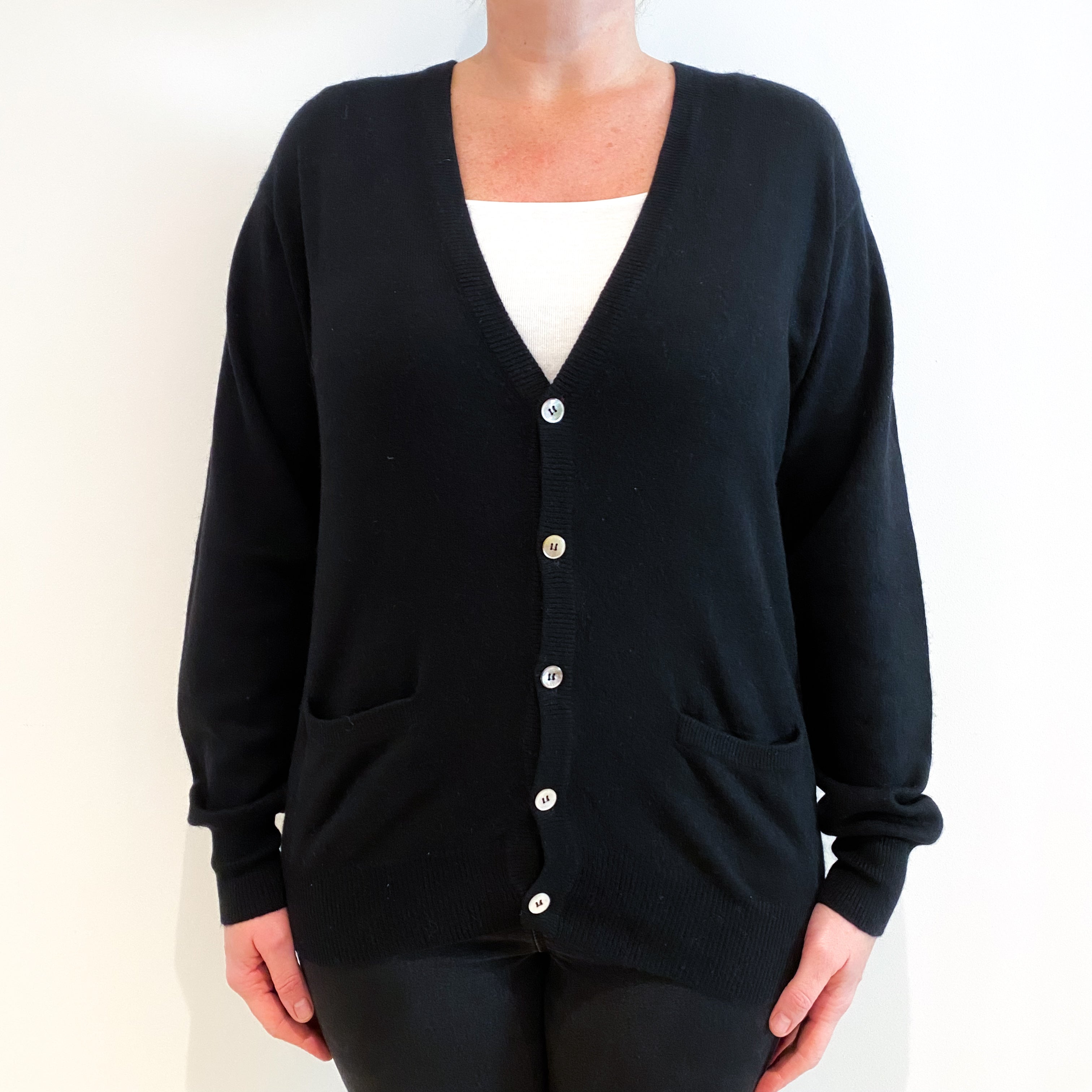 Black Cashmere V-Neck Cardigan with Pockets Large